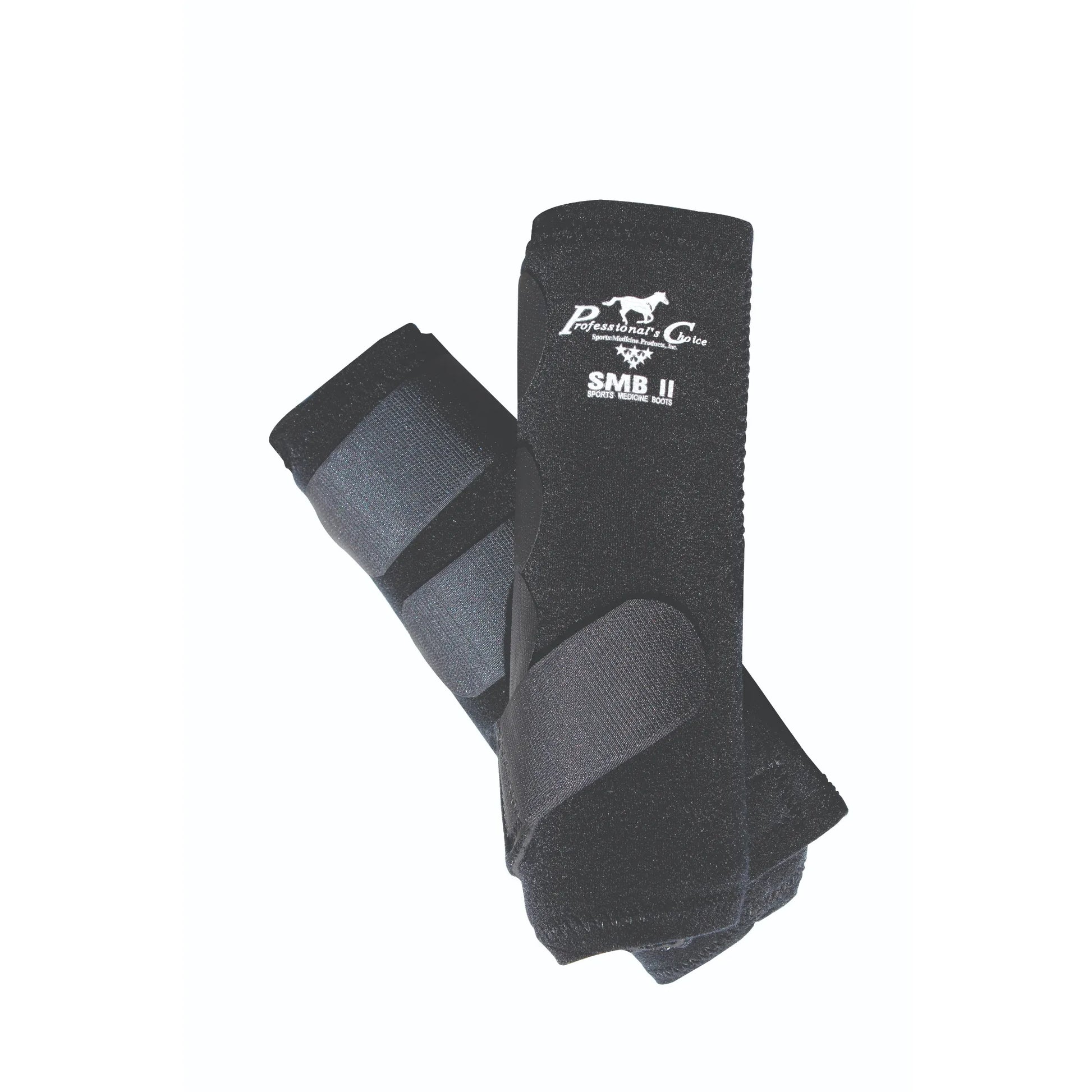 Professional's Choice SMB II Sports Medicine Boots in black, designed for superior horse leg protection and support. These high-performance equine boots feature a shock-absorbent design with secure hook-and-loop Velcro closures to ensure a snug fit. The front boot highlights the iconic white Professional's Choice logo. Ideal for injury prevention during training, jumping, or daily riding. Durable, breathable, and essential gear for every horse owner.
