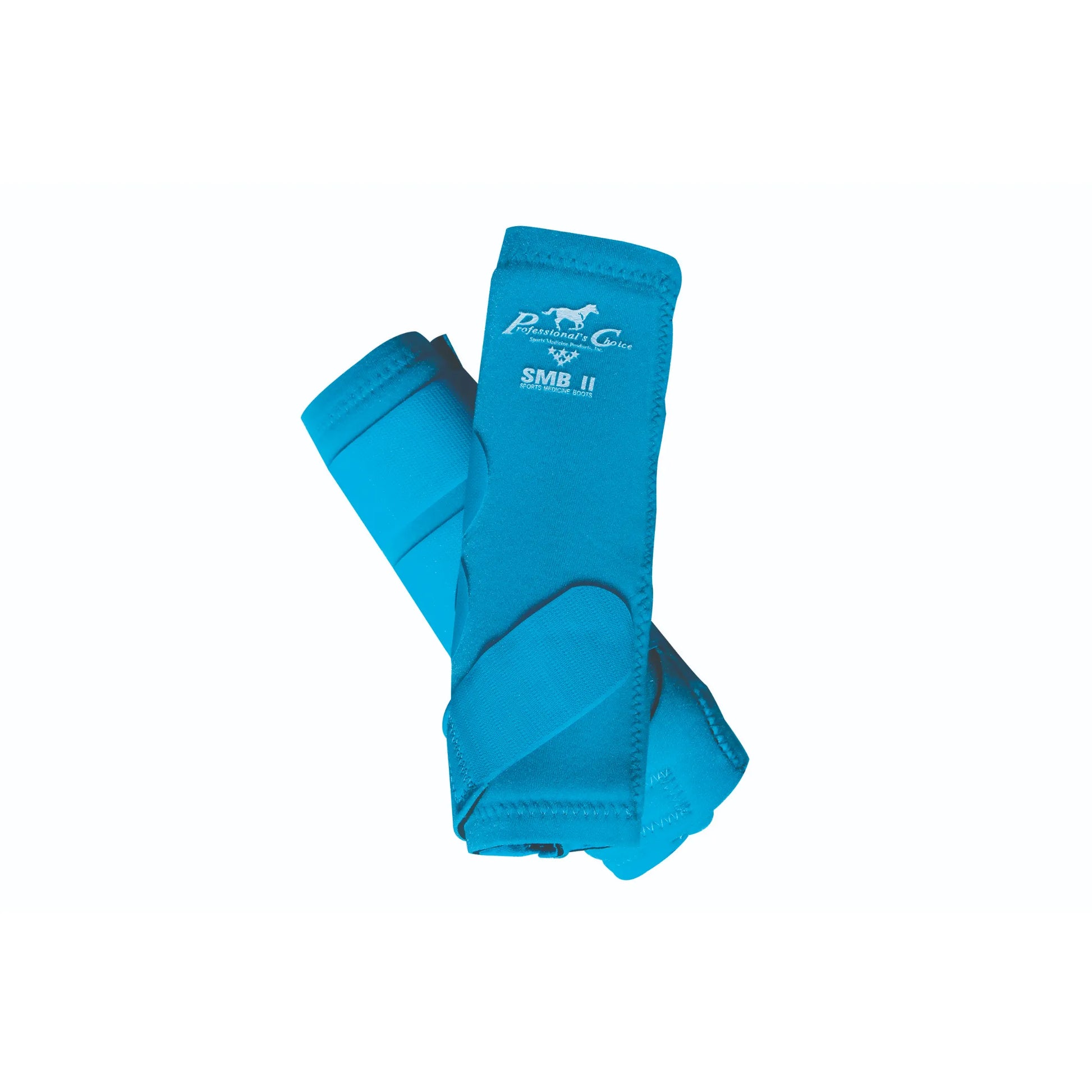 Professional's Choice SMB II Sports Medicine Boots in vibrant turquoise blue. These high-quality neoprene horse boots provide essential leg protection and fetlock support for equine athletes. Featuring a wrap-around strap design and shock-absorbent material, they are ideal for performance horses in barrel racing, jumping, or daily exercise. Durable and stylish equestrian gear designed for superior leg care and injury prevention.