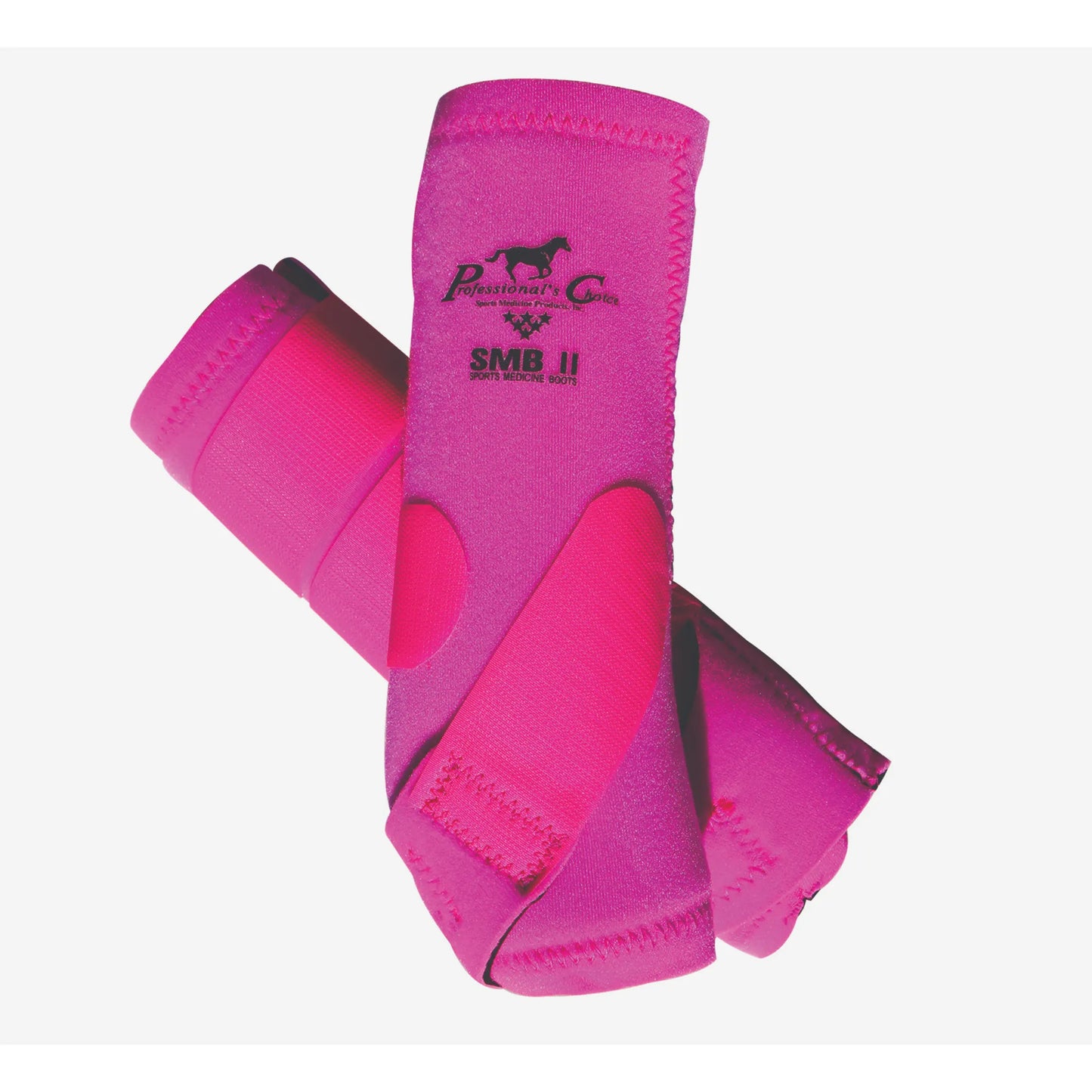 Vibrant pink Professional's Choice SMB II Sports Medicine Boots for ultimate horse leg protection. These high-performance equine boots feature a contoured fit, shock-absorbent neoprene, and a supportive strap designed to protect the fetlock and tendons. Perfect for training, barrel racing, or competition, these durable pink protective boots combine equestrian style with superior injury prevention for your horse’s legs.
