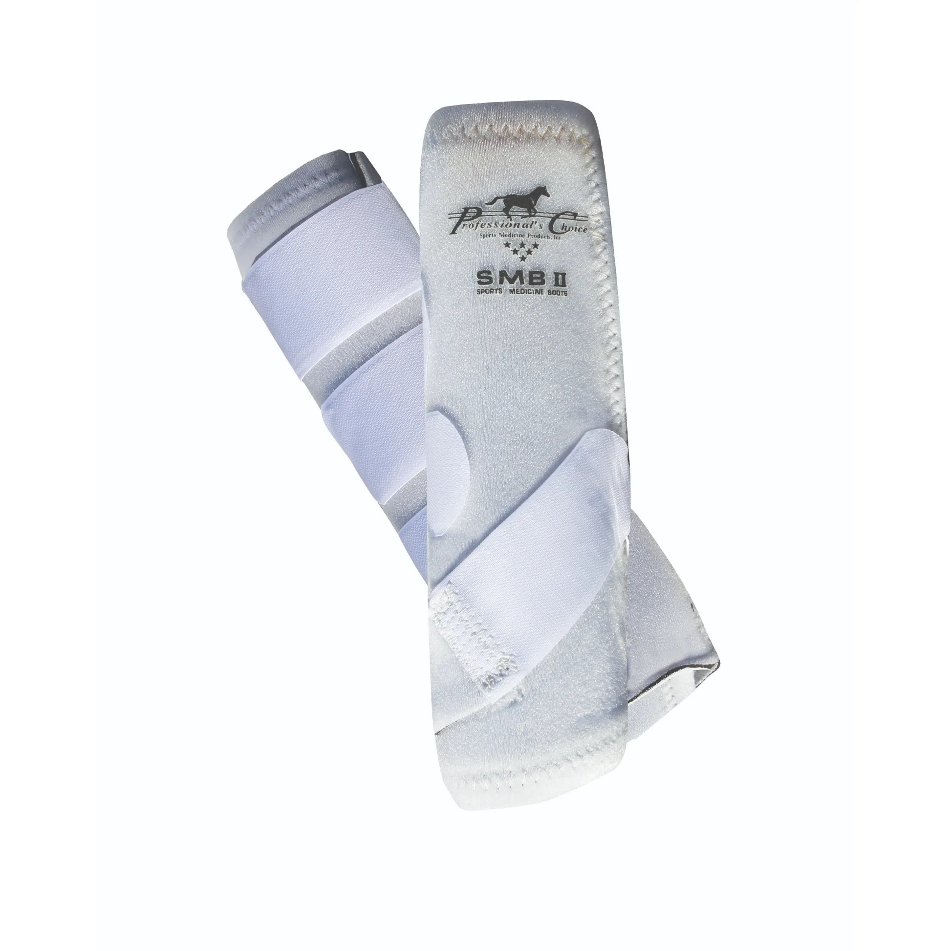 Professional's Choice SMBII Sports Medicine Boots in white, designed for ultimate horse leg protection. These shock-absorbent equine boots feature a multi-strap Velcro closure for a secure, contoured fit around the fetlock and cannon bone. Ideal for performance horses, these protective boots offer superior tendon and ligament support during training. High-quality neoprene material with durable stitching and signature SMB II branding for equestrian athletes.