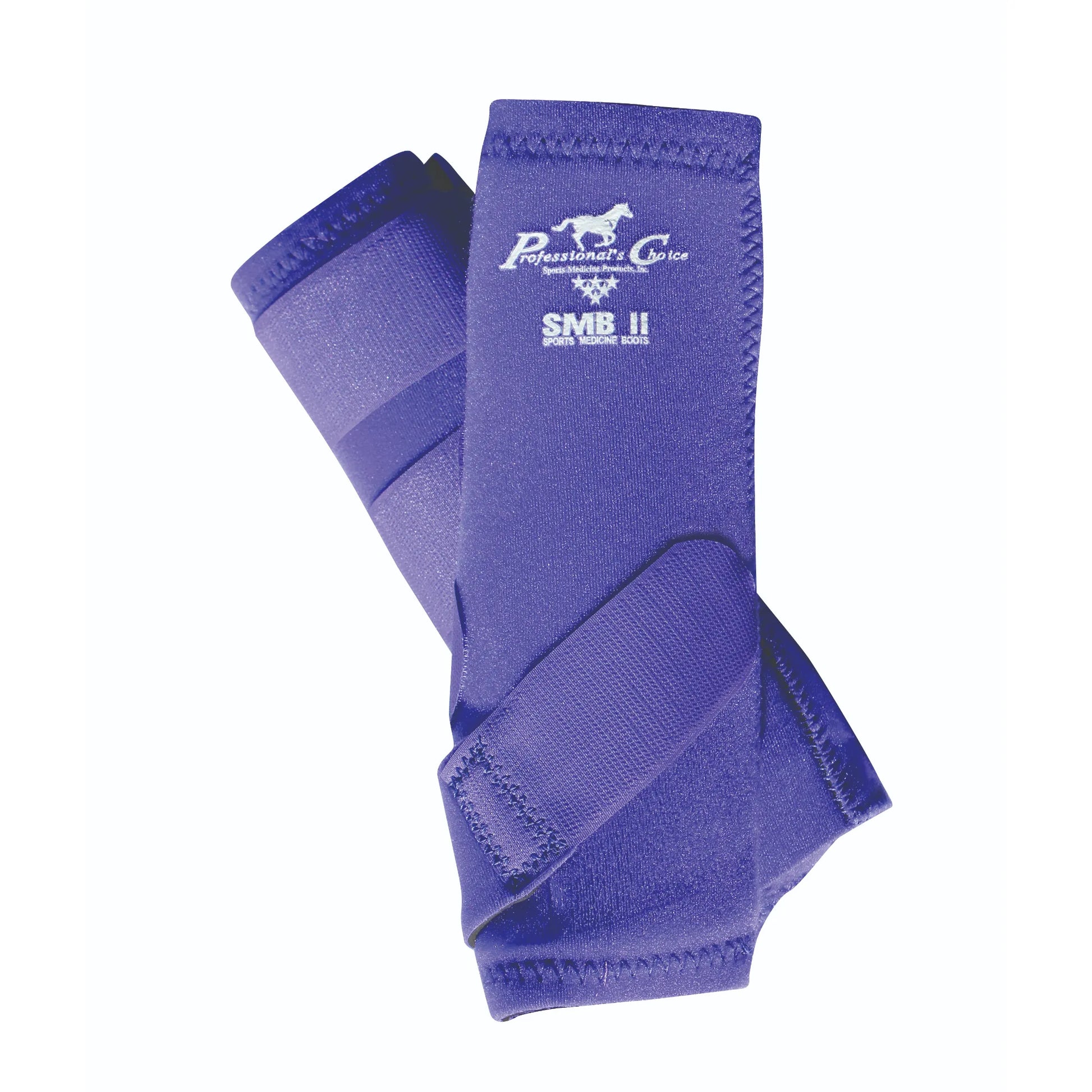 Purple Professional's Choice SMB II Sports Medicine Boots for horses. These high-performance equestrian leg wraps feature durable neoprene construction and secure velcro straps for maximum support and shock absorption. Ideal for protecting your horse's legs during riding, training, or competition, these iconic purple medicine boots combine style and safety for superior equine leg protection.