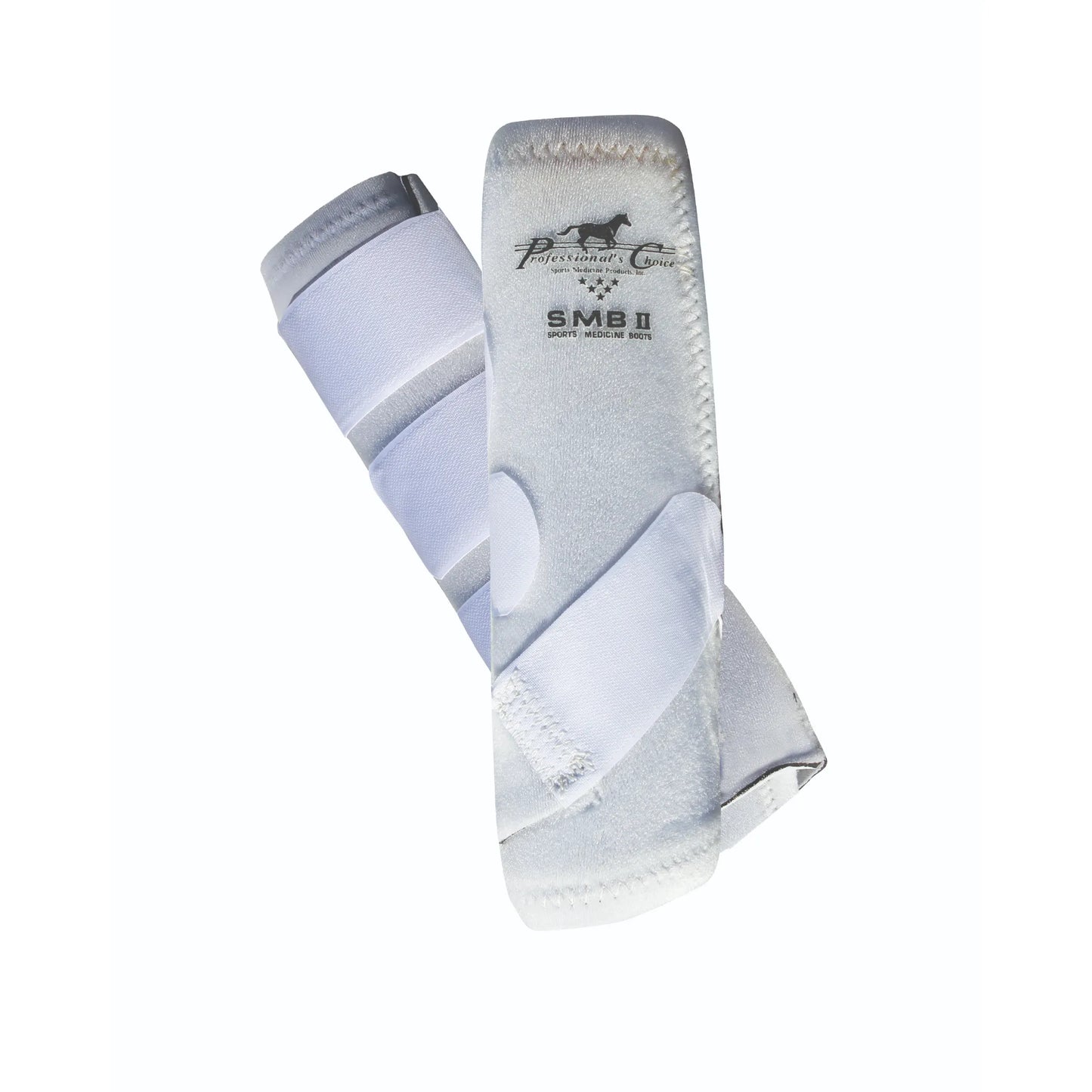 Professional's Choice SMBII Sports Medicine Boots in classic white. These premium protective horse boots provide superior support for tendons and ligaments with a shock-absorbing design. Featuring secure wrap-around Velcro closures for a custom fit, these SMB 2 boots are essential for equine injury prevention during performance or training. High-quality equestrian leg protection offering a clean, professional look and durable impact resistance for your horse.