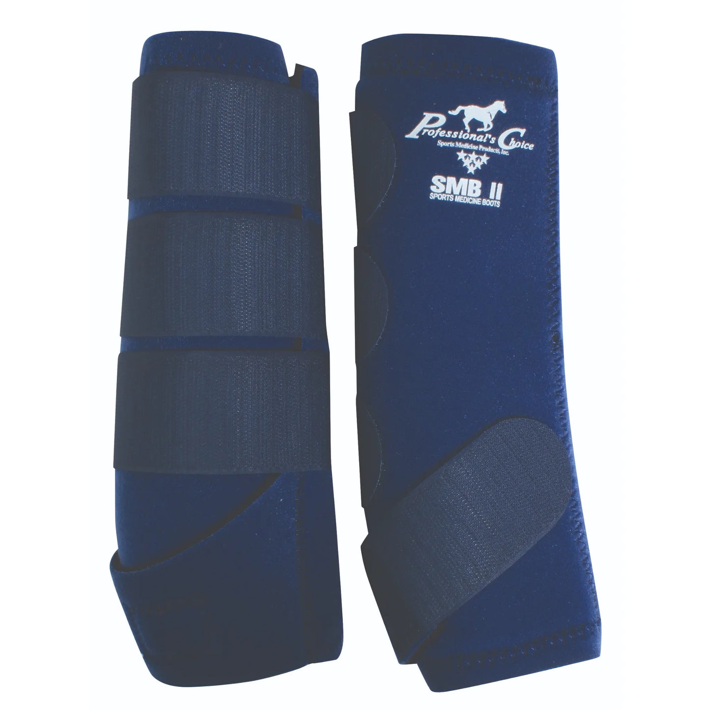 Navy blue Professional's Choice SMB II Sports Medicine Boots for horses, featuring a contoured design for ultimate leg protection and shock absorption. This pair of equine boots includes a durable three-strap hook-and-loop closure system and the iconic white Professional's Choice logo. High-quality equine protective gear perfect for performance horses, barrel racing, and injury prevention.