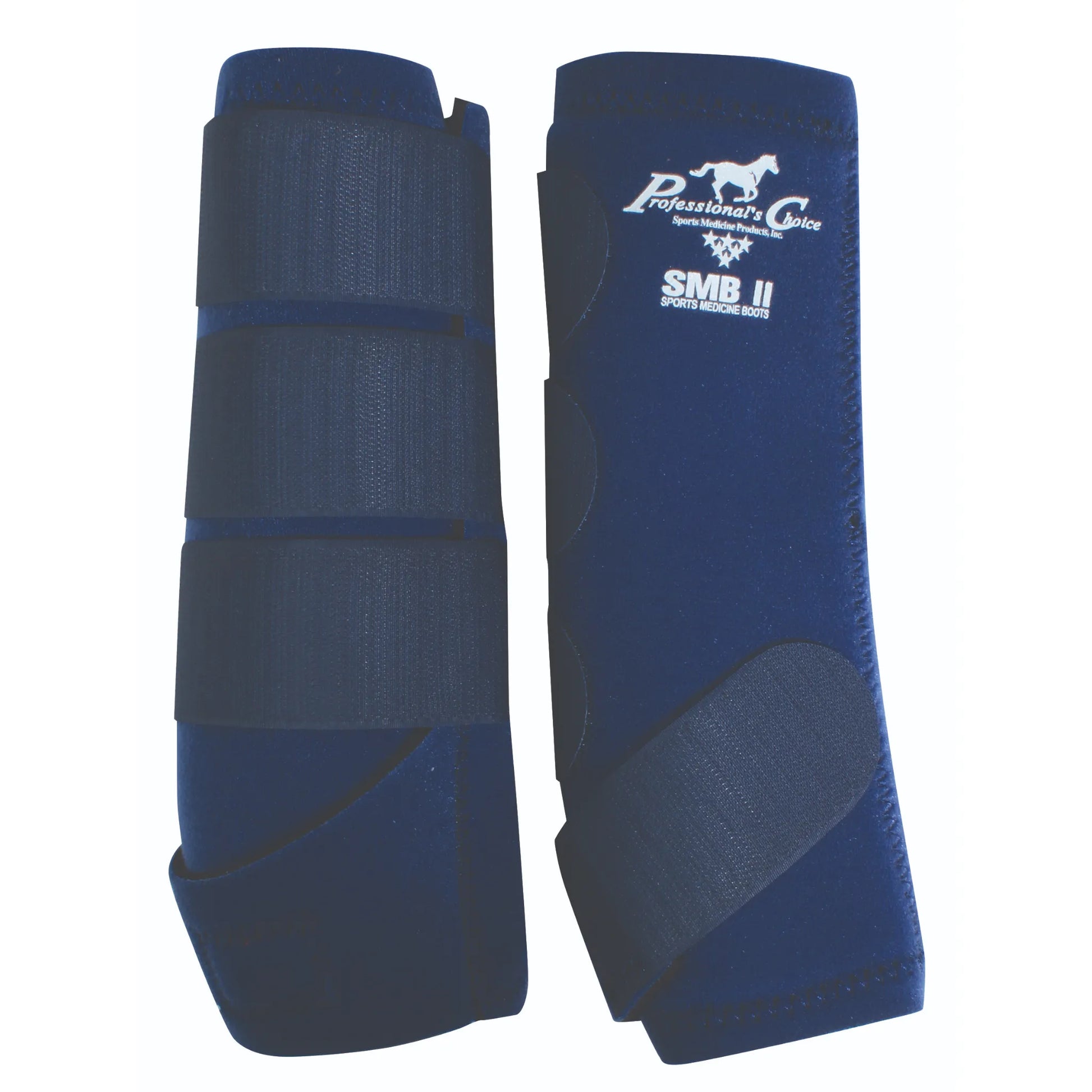 Navy blue Professional's Choice SMB II Sports Medicine Boots for horses, featuring a contoured design for ultimate leg protection and shock absorption. This pair of equine boots includes a durable three-strap hook-and-loop closure system and the iconic white Professional's Choice logo. High-quality equine protective gear perfect for performance horses, barrel racing, and injury prevention.
