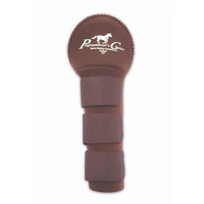 Professional's Choice Tail Wrap in brown, designed to protect your horse's tail hair during transport or stabling. This durable equestrian accessory features three secure hook-and-loop fastener straps and a padded top section with the white brand logo for extra cushioning. A must-have for horse trailers and grooming kits to prevent rubbing and breakage, ensuring a comfortable fit and a show-ready tail.