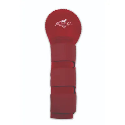 Professional's Choice Tail Wrap in vibrant red, featuring a padded top with a white logo and three adjustable hook-and-loop straps for a secure fit. This durable equestrian accessory protects your horse's tail from rubbing and breakage during hauling or travel. Ideal red horse tack for grooming and trailer safety, ensuring your horse's tail stays clean and healthy.