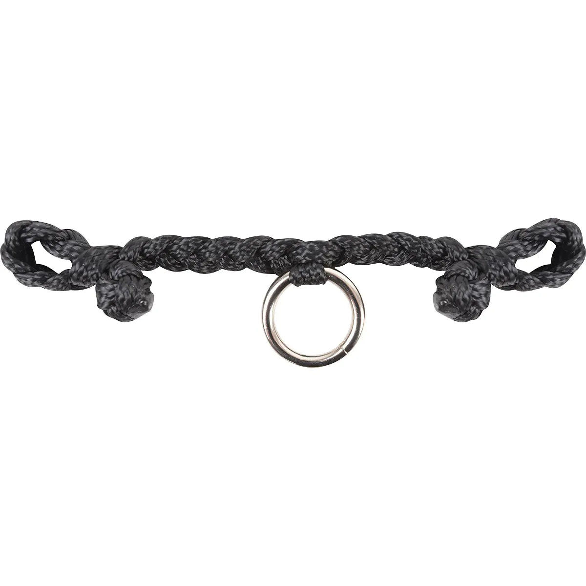 Rattler Jerkline Bit Hobble in black, featuring a heavy-duty braided nylon rope construction for durability. This equestrian tack essential includes a sturdy silver metal O-ring at the center and knotted loops on each end for secure bit attachment. Ideal for horse training and improving bit stability, this high-quality jerkline hobble is a must-have for professional trainers and horse enthusiasts looking for reliable, long-lasting gear.
