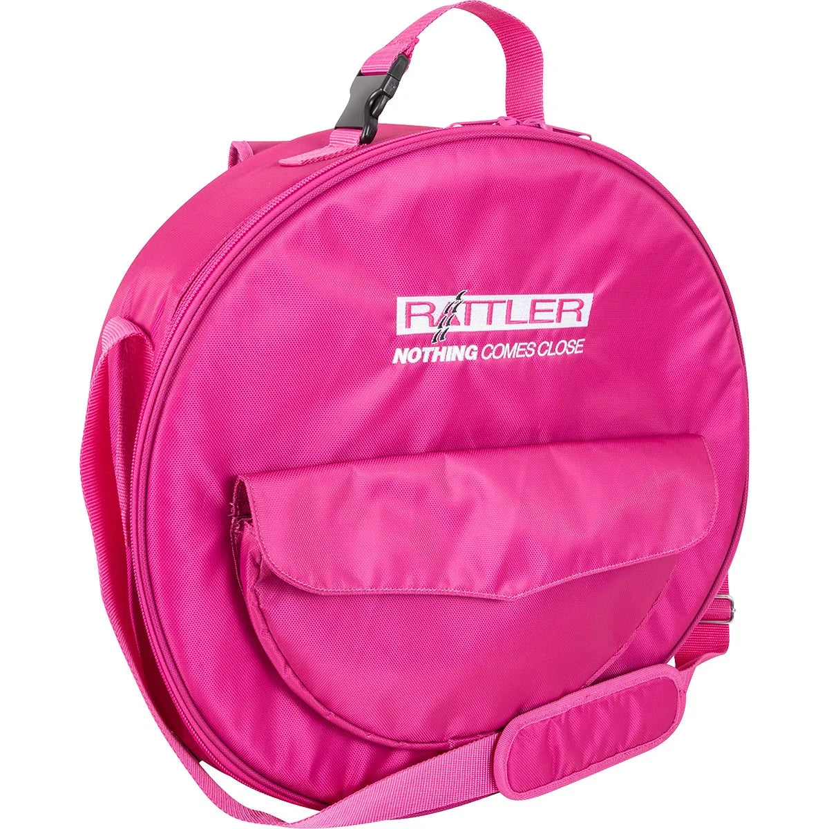 Rattler Raspberry Hot Pink Breakaway Roping Rope Bag featuring a circular design and durable nylon fabric. This vibrant pink rodeo bag includes the Rattler logo with "Nothing Comes Close" text, a convenient front pocket with a flap, a top carry handle with a buckle, and an adjustable padded shoulder strap. Ideal for storing and transporting lariats, this stylish and functional rope carrier is perfect for barrel racers and ropers looking for high-visibility equestrian gear.