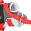 Dog muzzle with red straps and black mesh on a white background