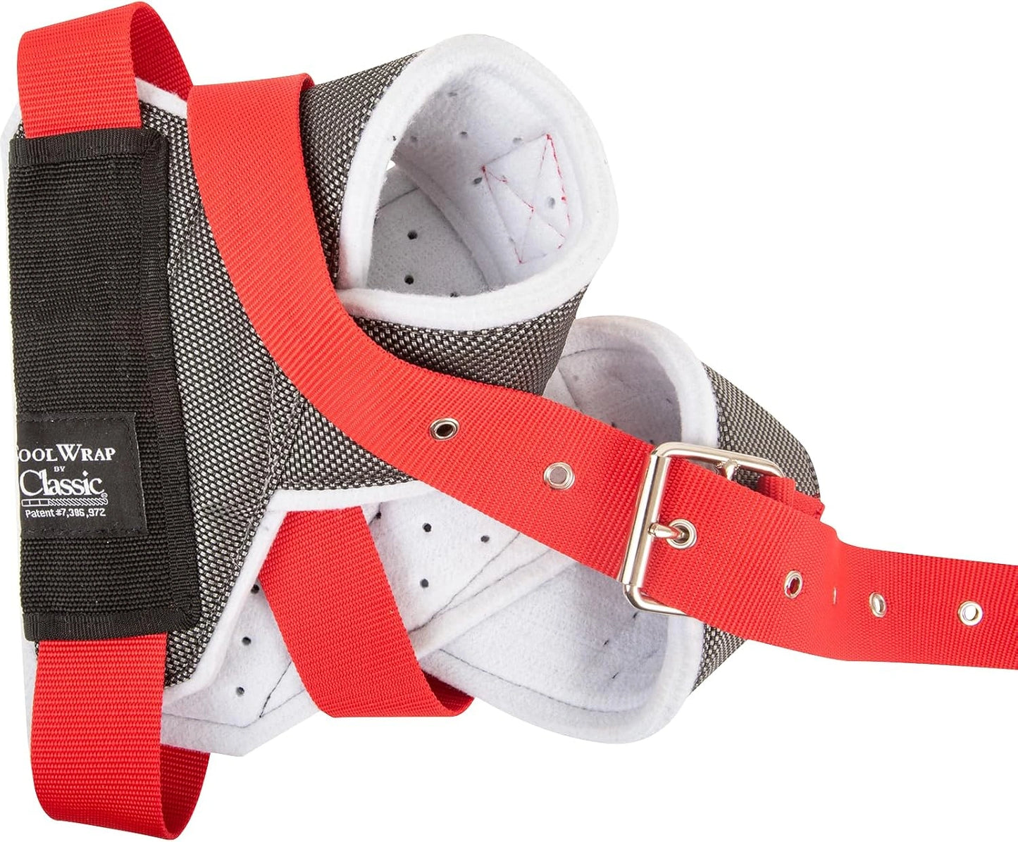 Dog muzzle with red straps and black mesh on a white background