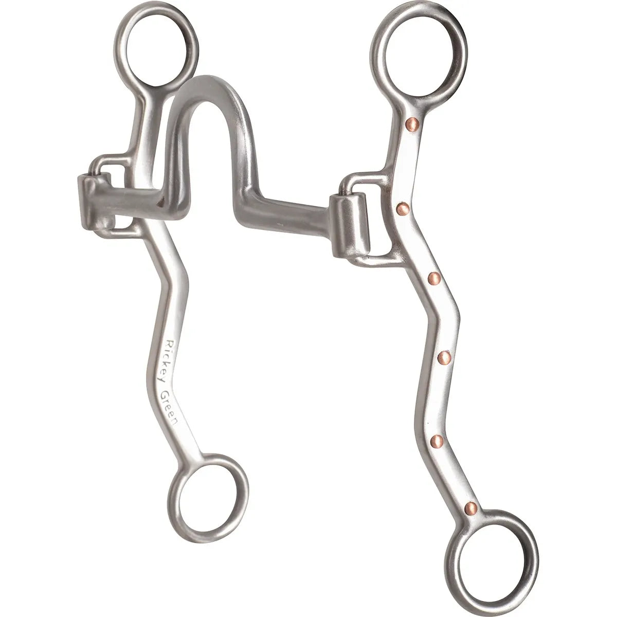 Rickey Green Sharp Setter Port Correction Bit for aggressive horses, featuring a 7-inch mouthpiece and 7 1/4-inch swept-back stainless steel shanks. This professional Western curb bit includes a high port for tongue relief and precise control, accented with decorative copper dots on the shanks to encourage salivation. Crafted from durable satin-finish stainless steel with "Rickey Green" engraving, it is an ideal training tool for horse refinement and collection.