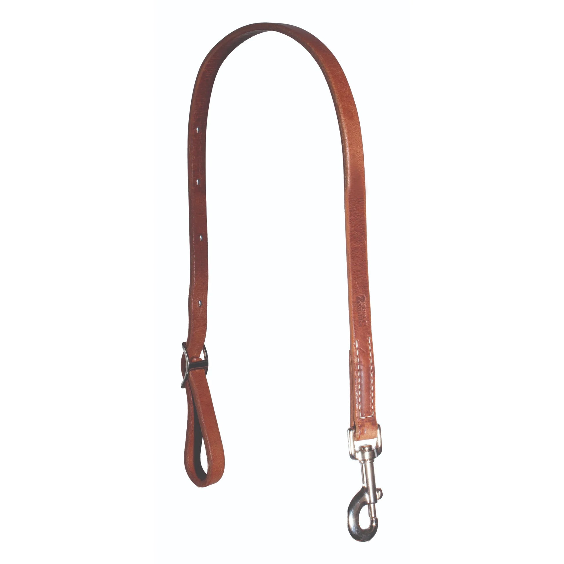 Schutz Harness Leather Wither Strap in rich chestnut brown. This premium equestrian tack features a durable bolt snap on one end and an adjustable silver buckle with multiple holes for a perfect fit. Crafted from high-quality leather with white accent stitching, it’s a must-have for western riding stability and horse comfort. Ideal for pairing with breastcollars on various horse sizes.