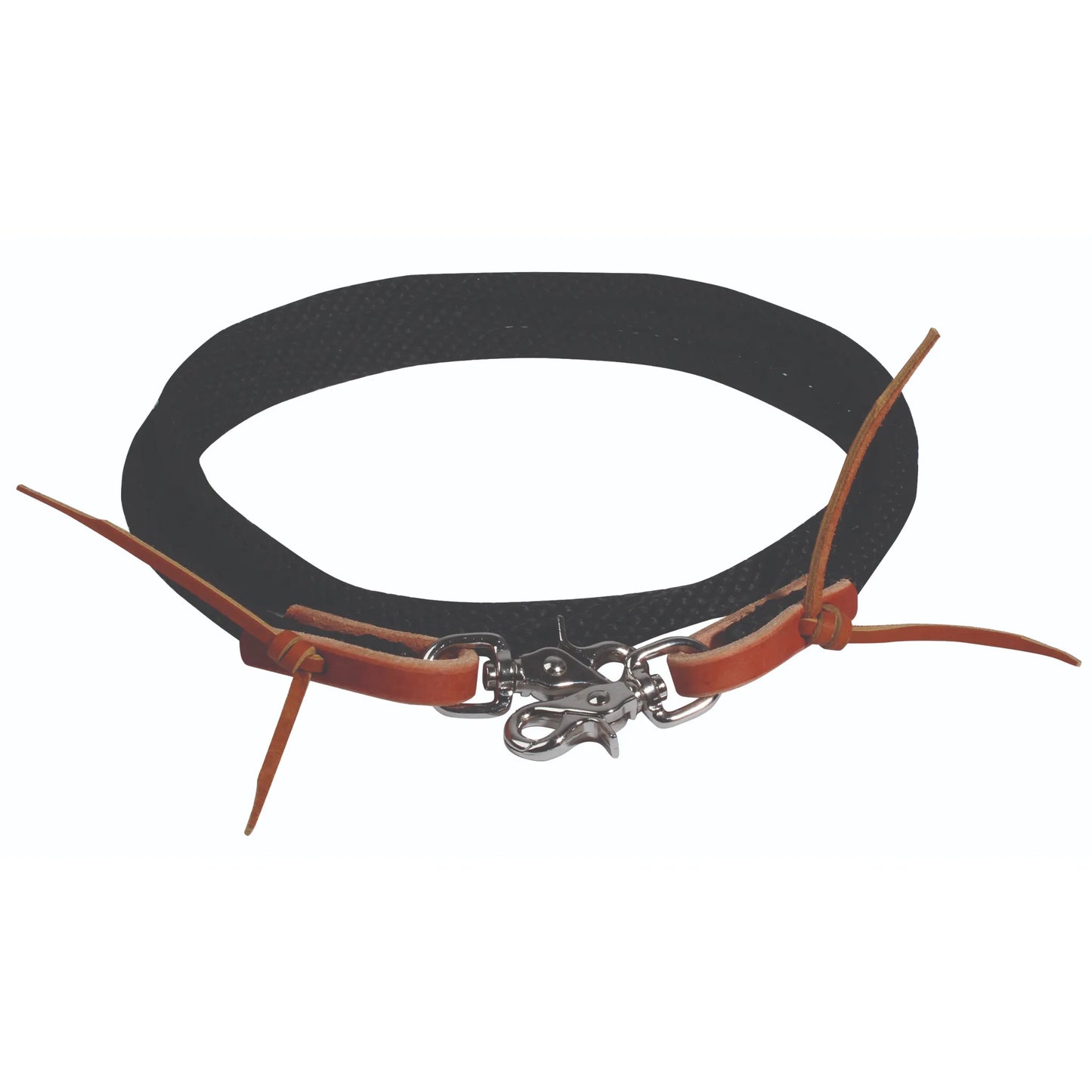 Schutz Poly Roper Reins by Professional's Choice featuring 3/8-inch black braided poly rope in an 8-foot length. These Western horse reins include durable tan leather water loops with leather latigo ties and high-quality silver scissor snaps for quick bit attachment. Ideal for roping, trail riding, and equestrian training, these round rope reins offer a professional-grade grip and classic Western tack aesthetic for horse owners.