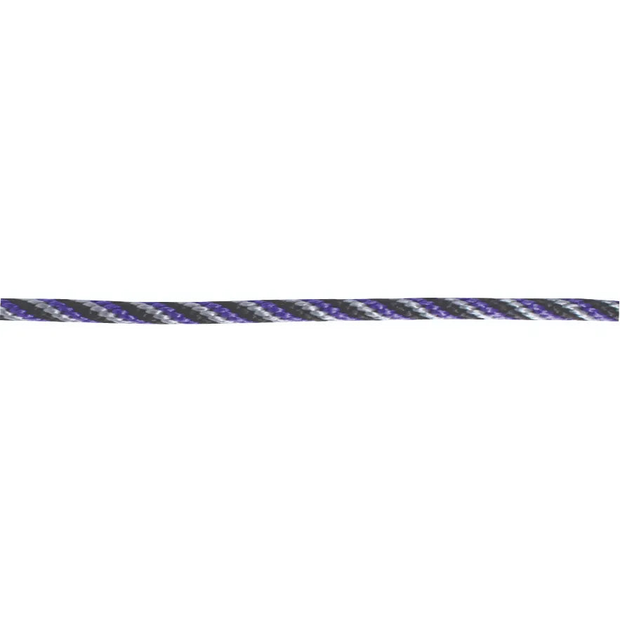Schutz Poly Roper Reins by Professional's Choice, 3/8" x 8' horse reins featuring a durable braided poly rope design. This high-quality western tack showcases a striking twisted pattern of black, purple, and white strands, offering both style and a comfortable grip. Perfect for roping, barrel racing, or everyday western riding, these dependable round reins are a must-have addition to your equestrian gear collection for superior performance and control.