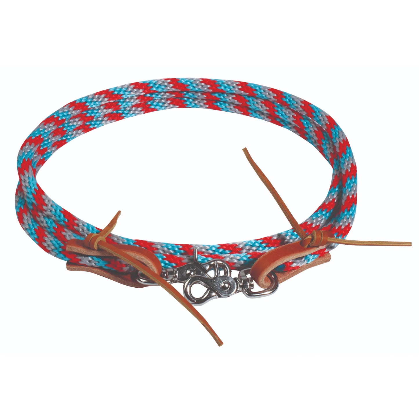 Professional's Choice Schutz Poly Roper Reins featuring a vibrant red, turquoise, and grey braided rope design. These 3/8" x 8' horse reins include premium brown leather water loops with decorative ties and durable metal swivel snap clips. A stylish and functional choice for Western riding, roping, and trail, this high-quality equestrian tack is designed for both performance and comfort.