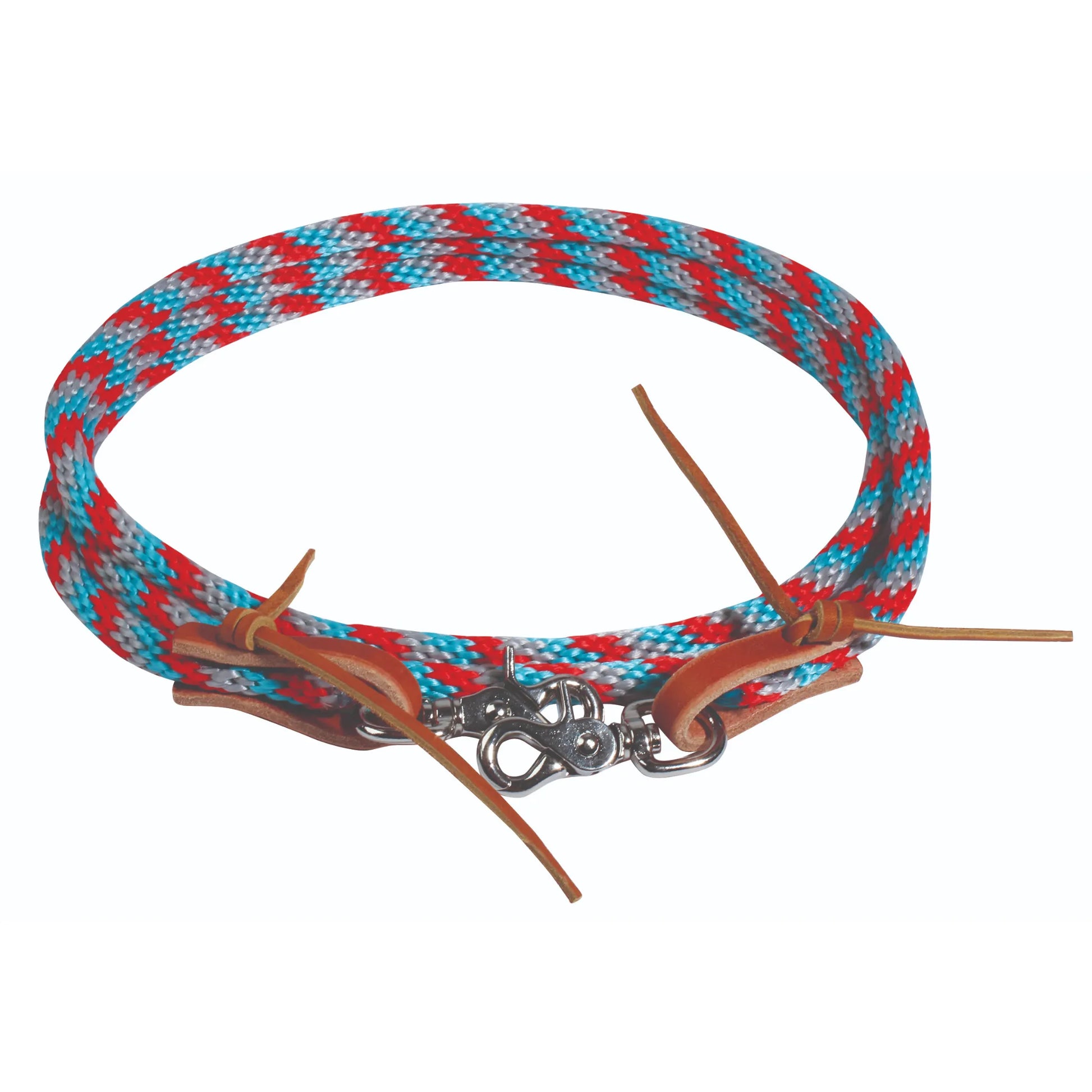 Professional's Choice Schutz Poly Roper Reins featuring a vibrant red, turquoise, and grey braided rope design. These 3/8" x 8' horse reins include premium brown leather water loops with decorative ties and durable metal swivel snap clips. A stylish and functional choice for Western riding, roping, and trail, this high-quality equestrian tack is designed for both performance and comfort.