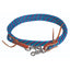 Professional's Choice Schutz Poly Roper Reins, 3/8" x 8', in a vibrant teal, purple, and blue braided pattern. These durable round poly horse reins include premium tan leather tie ends and heavy-duty silver swivel snaps for easy bit attachment. High-quality western equestrian tack perfect for roping, barrel racing, or trail riding, combining eye-catching style with professional-grade performance for horse and rider.