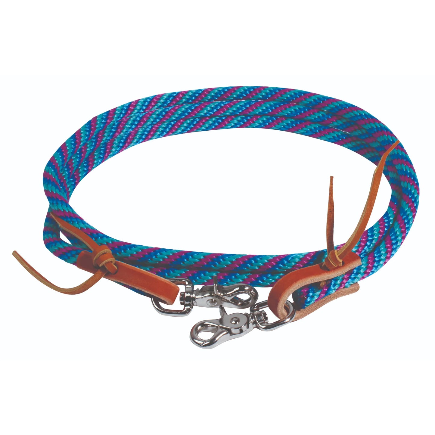 Professional's Choice Schutz Poly Roper Reins, 3/8" x 8', in a vibrant teal, purple, and blue braided pattern. These durable round poly horse reins include premium tan leather tie ends and heavy-duty silver swivel snaps for easy bit attachment. High-quality western equestrian tack perfect for roping, barrel racing, or trail riding, combining eye-catching style with professional-grade performance for horse and rider.