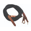 SCHUTZ Quiet Control Split Reins in black, featuring a textured braided design for ultimate grip and precision. These professional horse riding reins include durable tan leather bit attachments and poppers, designed for soft contact and superior control. Ideal high-performance equestrian tack for western riders and trainers.