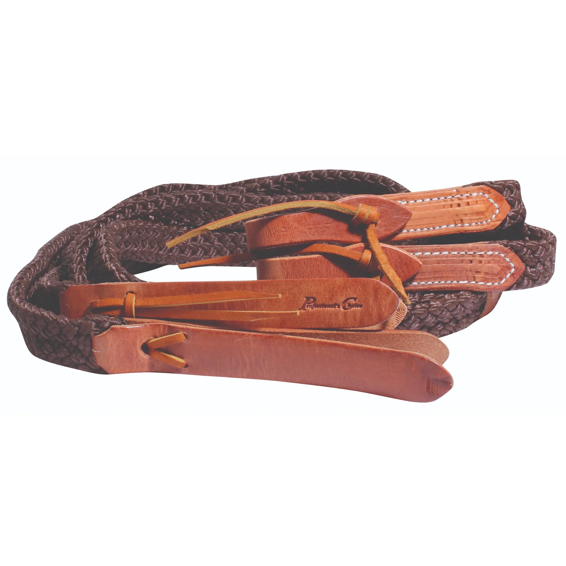 Professional's Choice SCHUTZ Quiet Control Split Reins in dark brown braided rope with premium tan leather ends and ties. These horse riding split reins offer ultimate grip and precision for a quiet, steady connection. Featuring high-quality leather poppers and a textured braided design, they are perfect for western training, performance, and trail riding. Essential equestrian tack for riders seeking comfort and durability.