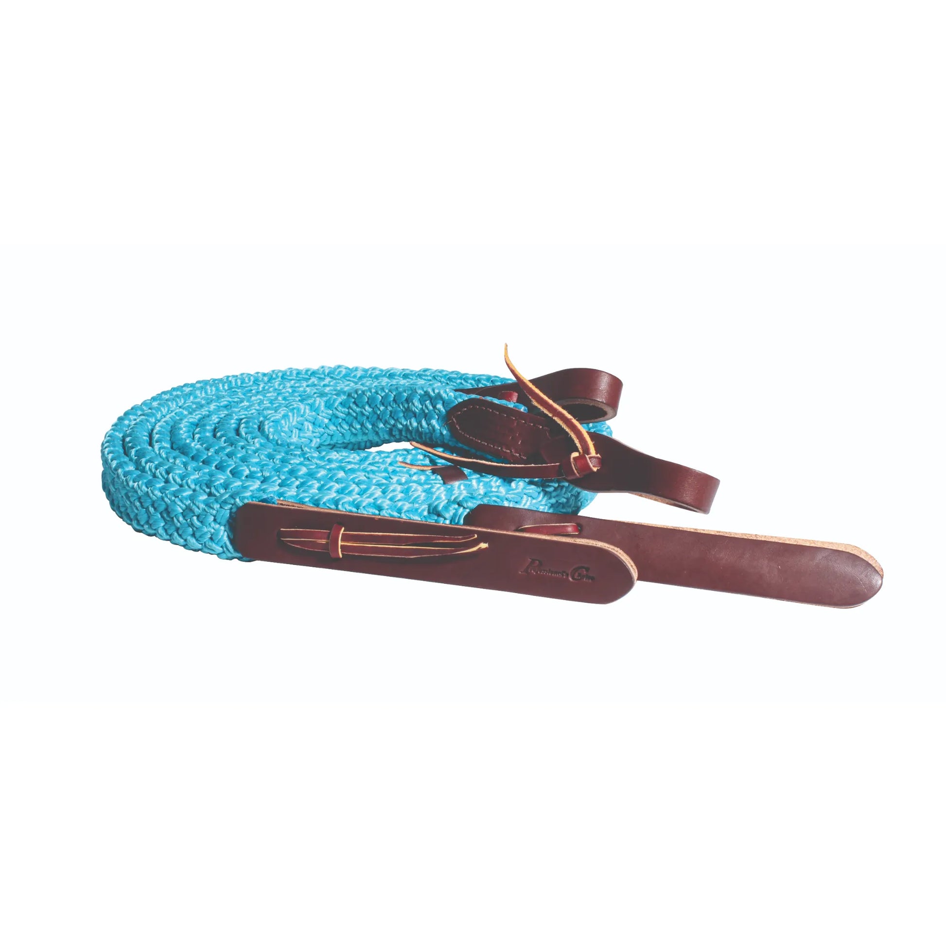 SCHUTZ Quiet Control Split Reins featuring vibrant turquoise braided rope and premium dark brown leather poppers. These high-quality equestrian reins provide a non-slip grip and precision control for western riders. The durable turquoise rope is shown coiled, showcasing expert craftsmanship and leather bit attachments stamped with the Schutz logo. Ideal horse tack for training and trail riding, combining functional performance with a bold pop of color.