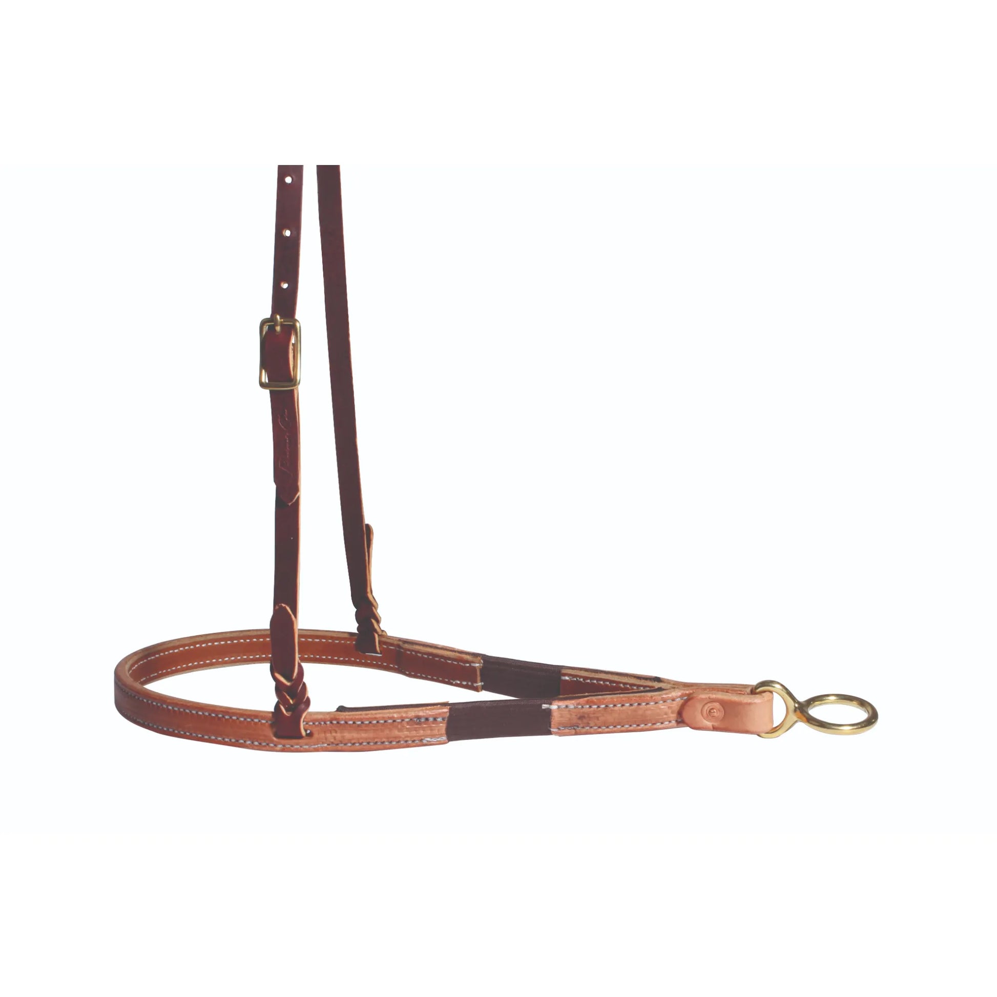 Schutz Ultimate Comfort Tiedown Noseband in Chocolate brown, crafted from 3/4" Hermann Oak leather. This high-quality equestrian accessory features dark elastic inserts for horse comfort, white contrast stitching, and durable brass hardware. The adjustable crown strap includes a gold-tone buckle, ideal for western training and performance. A premium leather horse tack essential for riders seeking style and functionality.