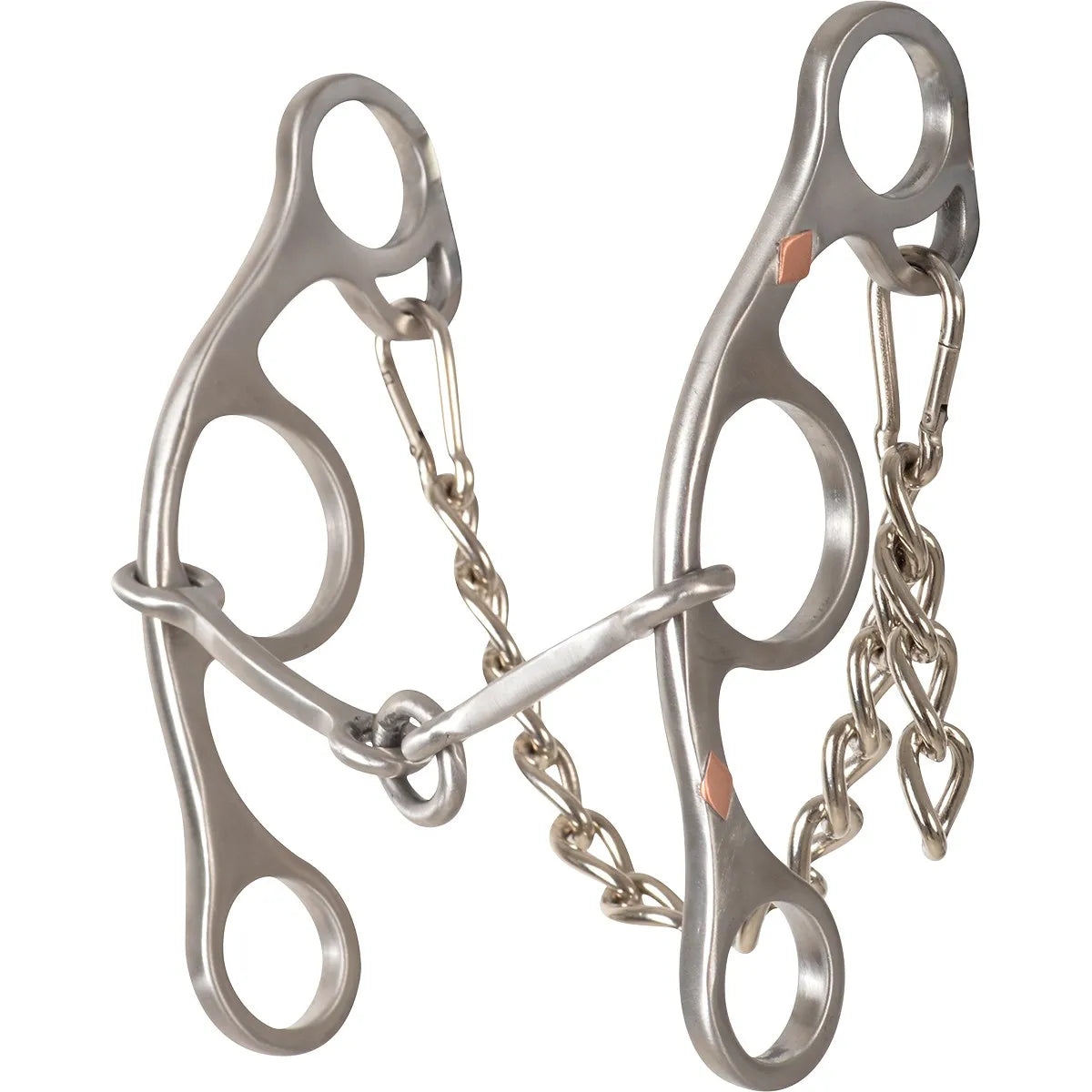 Sherry Cervi Lifesaver Snaffle Gag Bit with a short shank design, crafted from durable stainless steel. This professional three-piece Western horse bit features a center O-ring lifesaver mouthpiece and a matching curb chain. Ideal for barrel racing and training, it provides refined control and leverage. Sleek silver-toned finish with copper inlay accents, perfect for performance riders seeking quality and style.