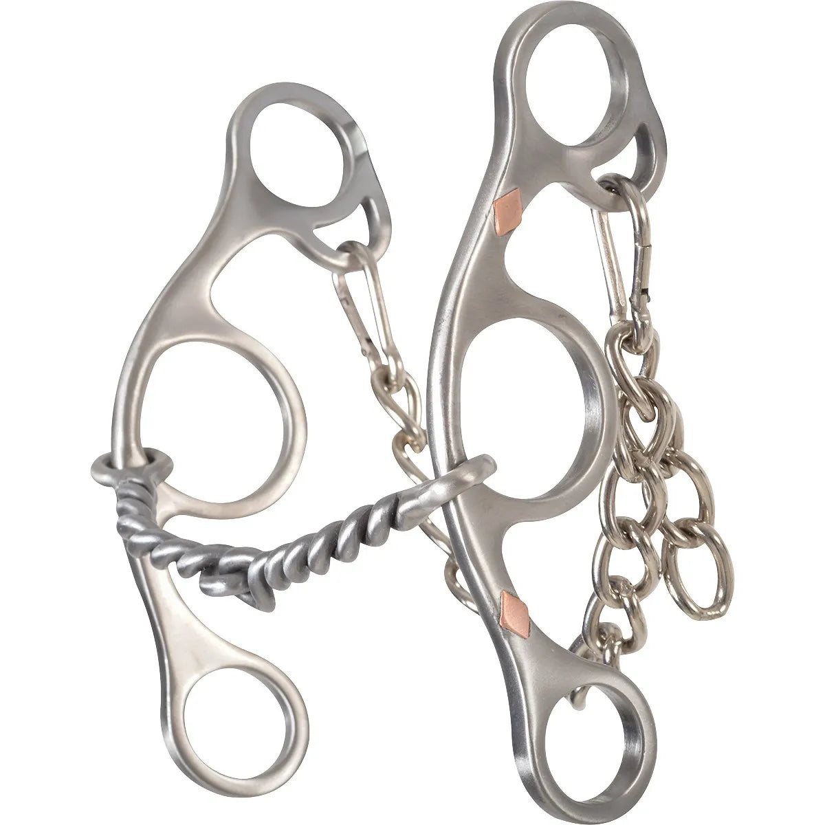 Sherry Cervi Signature Snaffle Bit in polished stainless steel, featuring a responsive twisted wire mouthpiece and 3-ring combination cheeks for balanced gag action. Designed for precision barrel racing, this horse bit includes decorative copper inlays and a matching curb chain for adjustable leverage. Ideal for riders seeking superior control and finesse in the arena.