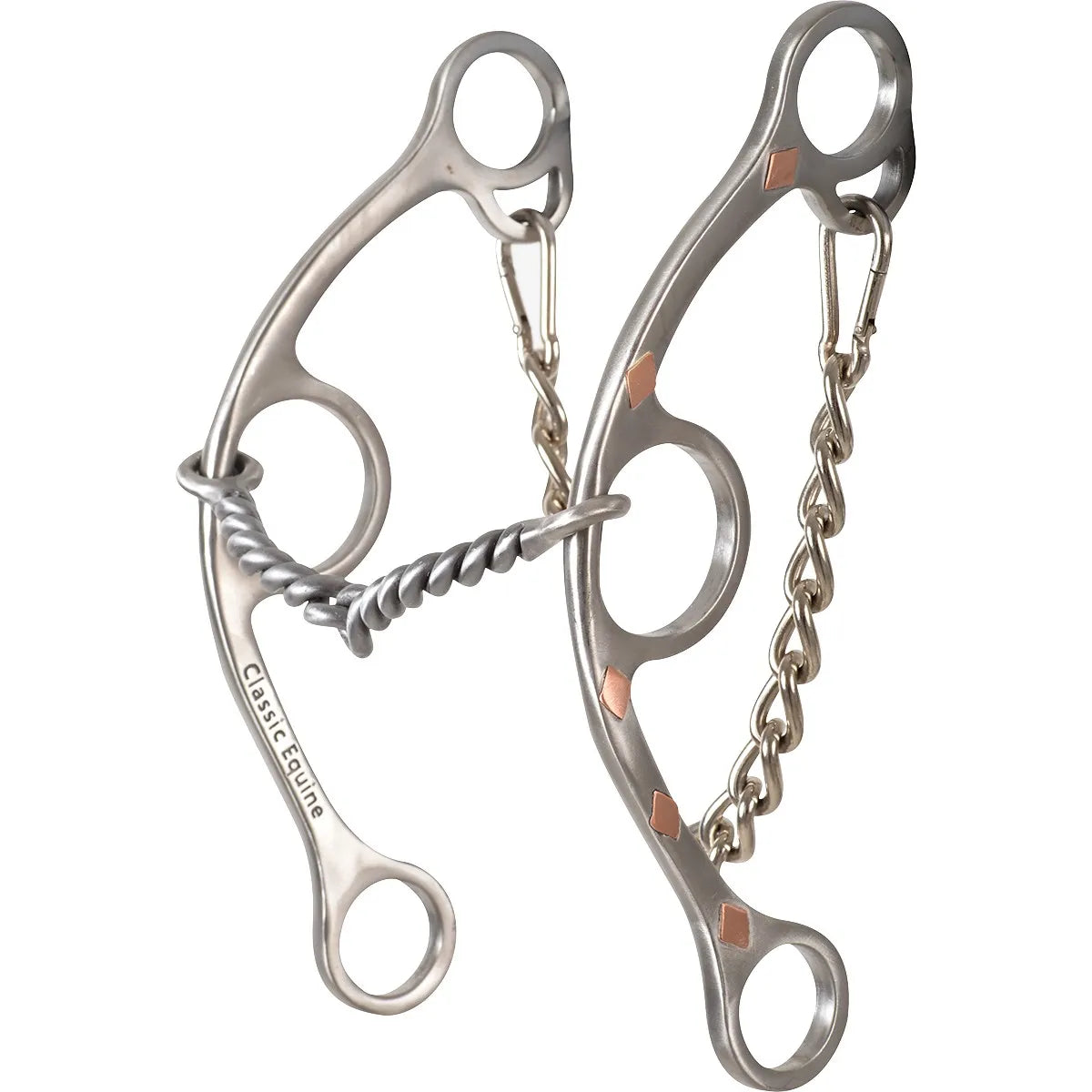 Classic Equine Sherry Cervi Twisted Wire Snaffle Gag Bit featuring a stainless steel jointed twisted wire mouthpiece for refined communication. This western performance bit includes swept-back gag shanks accented with decorative copper diamond inlays and an attached curb chain. Designed for barrel racing and speed events, it provides balanced leverage and control. High-quality horse tack perfect for riders seeking better responsiveness and soft handling.