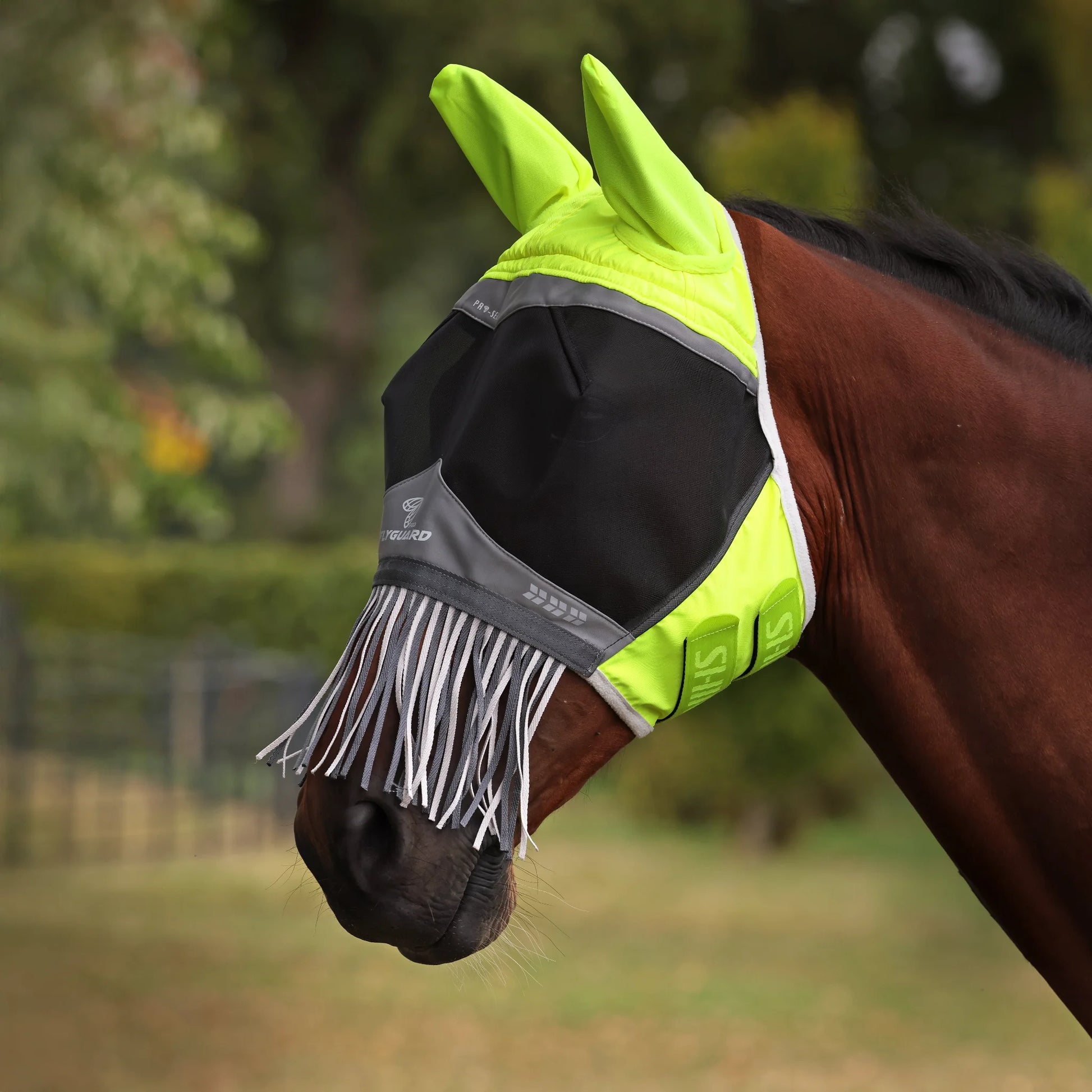Shires Flyguard Pro Hi-Viz Fine Mesh Horse Fly Mask with Ears and Nose Fringe - Yellow