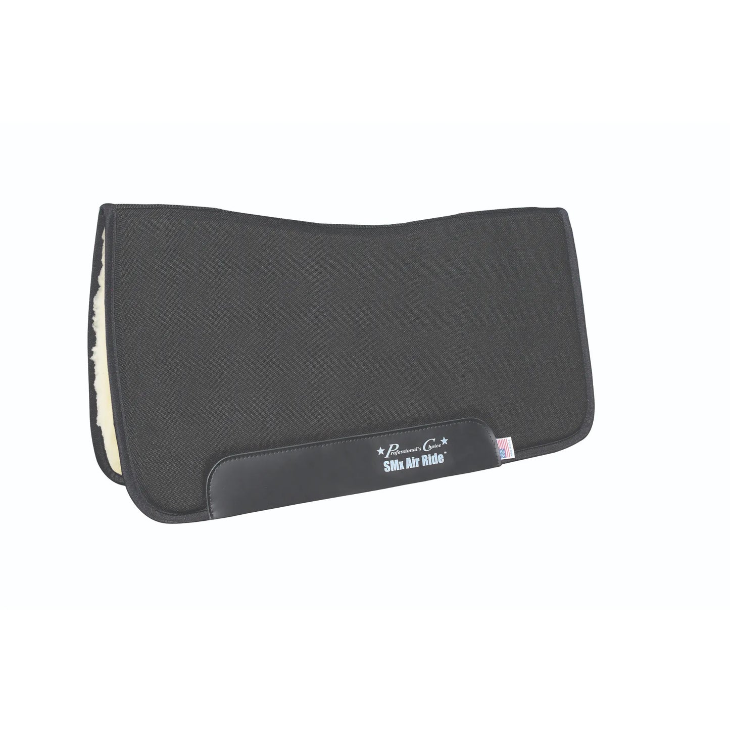 Black Professional's Choice SMx Air Ride All-Around Saddle Pad featuring a durable exterior, thick white fleece lining for ultimate comfort, and leather wear leathers. This high-performance western horse saddle pad includes a contoured spine for an ergonomic fit and the signature branded logo. Perfect equestrian gear for training or trail riding, offering superior shock absorption and protection for your horse. Includes a small US flag tag.