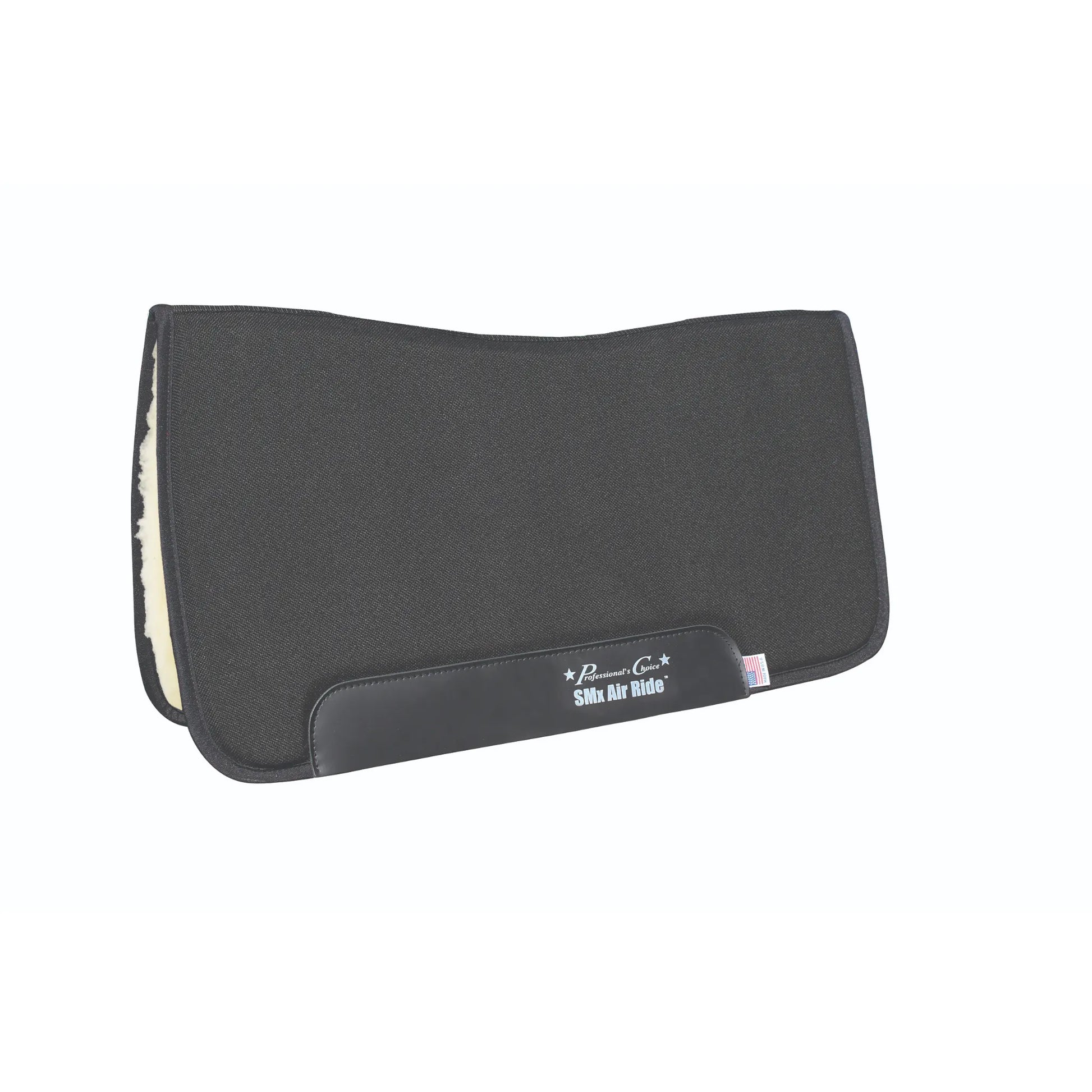 Black Professional's Choice SMx Air Ride All-Around Saddle Pad featuring a durable exterior, thick white fleece lining for ultimate comfort, and leather wear leathers. This high-performance western horse saddle pad includes a contoured spine for an ergonomic fit and the signature branded logo. Perfect equestrian gear for training or trail riding, offering superior shock absorption and protection for your horse. Includes a small US flag tag.