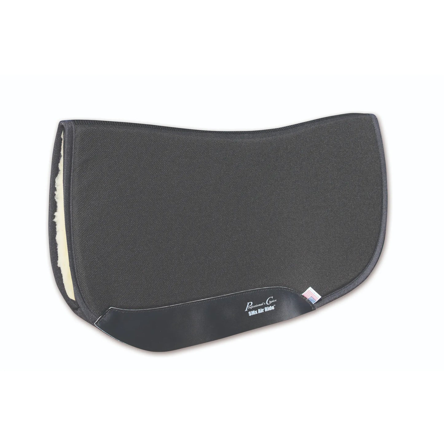 Professional's Choice SMx Air Ride CJ Square Barrel Pad in black, specifically designed for barrel racing. This high-performance western saddle pad features a contoured shape for a secure fit, shock-absorbing Air Ride technology, and a plush fleece lining for maximum horse comfort. Complete with durable black leather wear leathers and a USA-made flag tag, it’s the perfect choice for riders seeking stability and protection during intense performance.