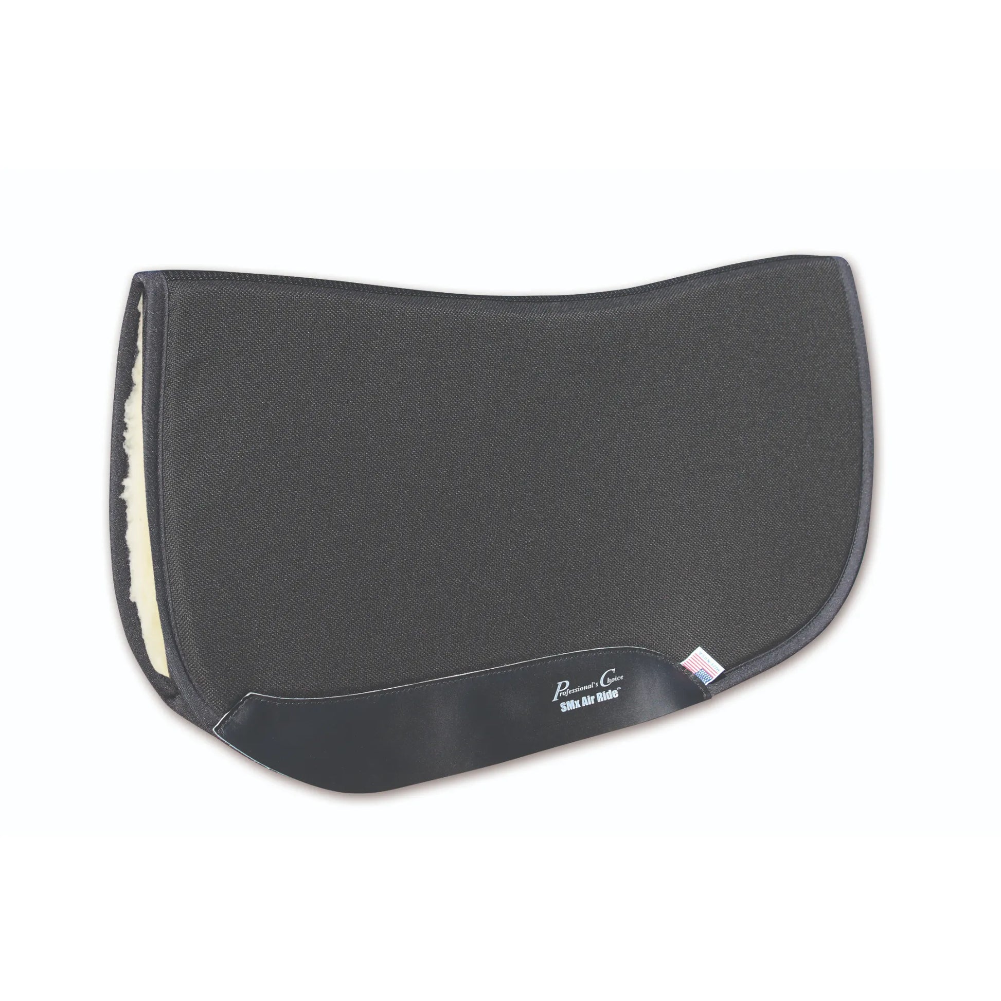 Professional's Choice SMx Air Ride CJ Square Barrel Pad in black, specifically designed for barrel racing. This high-performance western saddle pad features a contoured shape for a secure fit, shock-absorbing Air Ride technology, and a plush fleece lining for maximum horse comfort. Complete with durable black leather wear leathers and a USA-made flag tag, it’s the perfect choice for riders seeking stability and protection during intense performance.