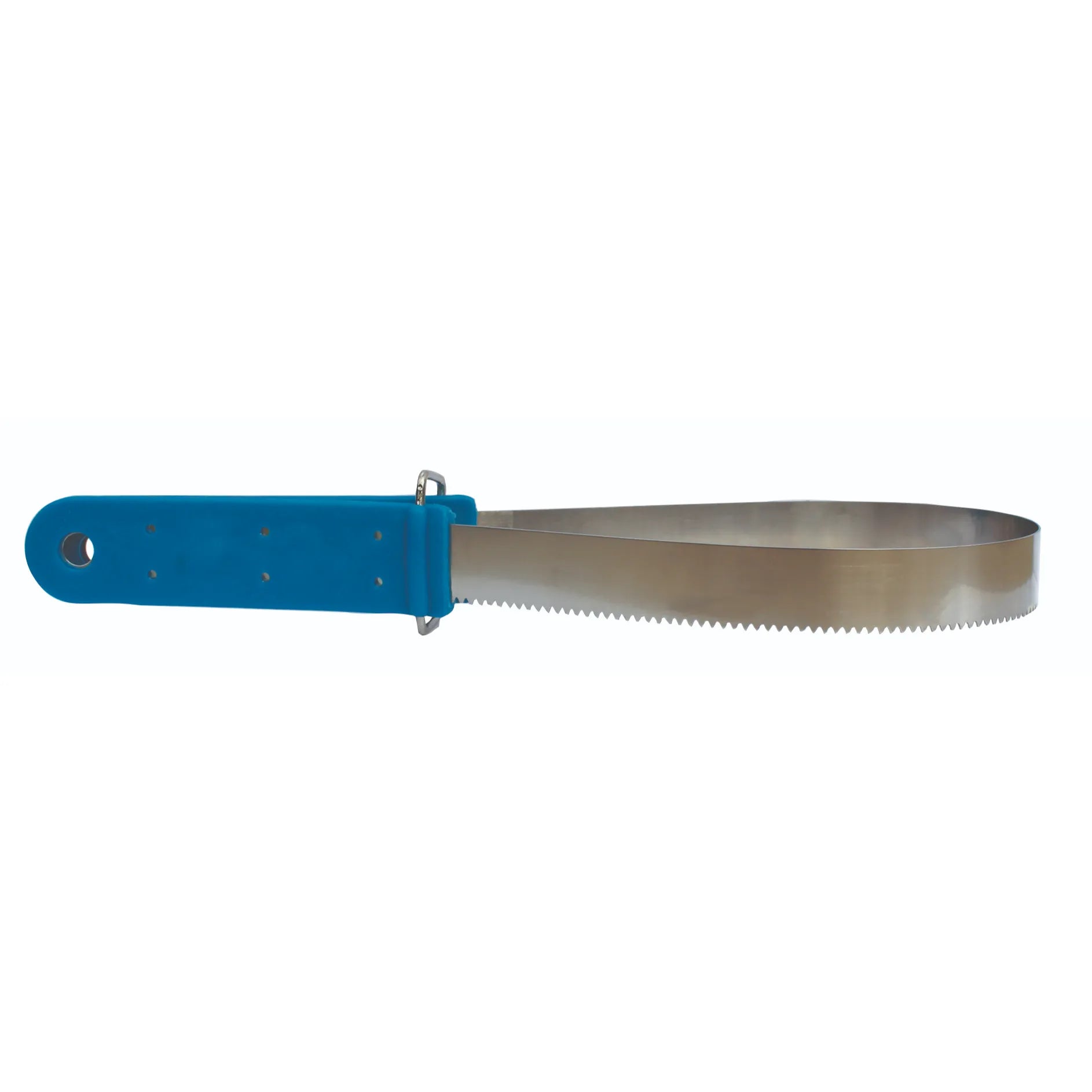 Blue Soft Touch Shedding Blade for horses featuring a flexible, double-sided stainless steel serrated loop. Designed for gentle grooming, this tool effectively removes loose hair, dust, and mud while the comfortable blue handle ensures a steady grip. Ideal for equine coat care and spring shedding, this durable horse scraper is a must-have for every grooming kit.