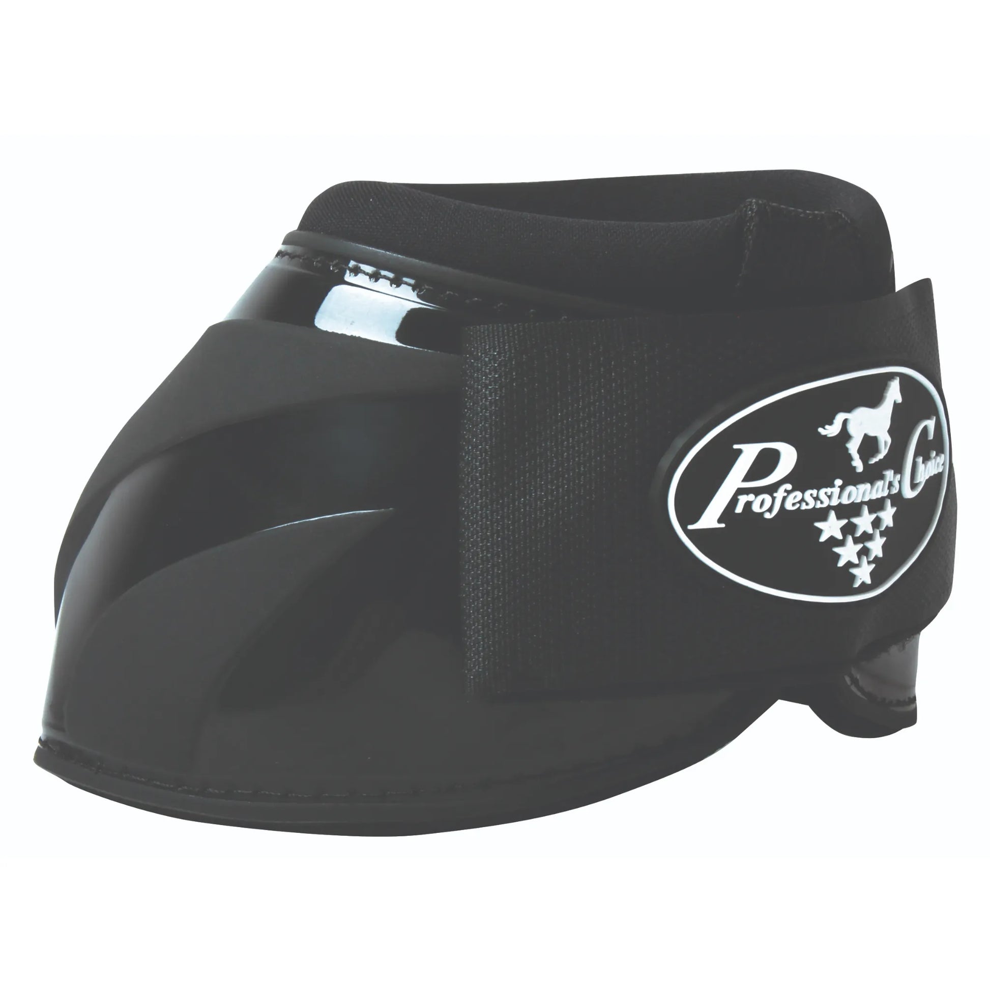 Professional's Choice Spartan II Bell Boots in black, designed for ultimate overreach protection. These durable horse boots feature a sleek glossy and matte finish, a secure hook-and-loop strap, and a contoured fit to prevent hoof and heel injuries. High-quality equestrian gear perfect for jumping, training, or turnout.