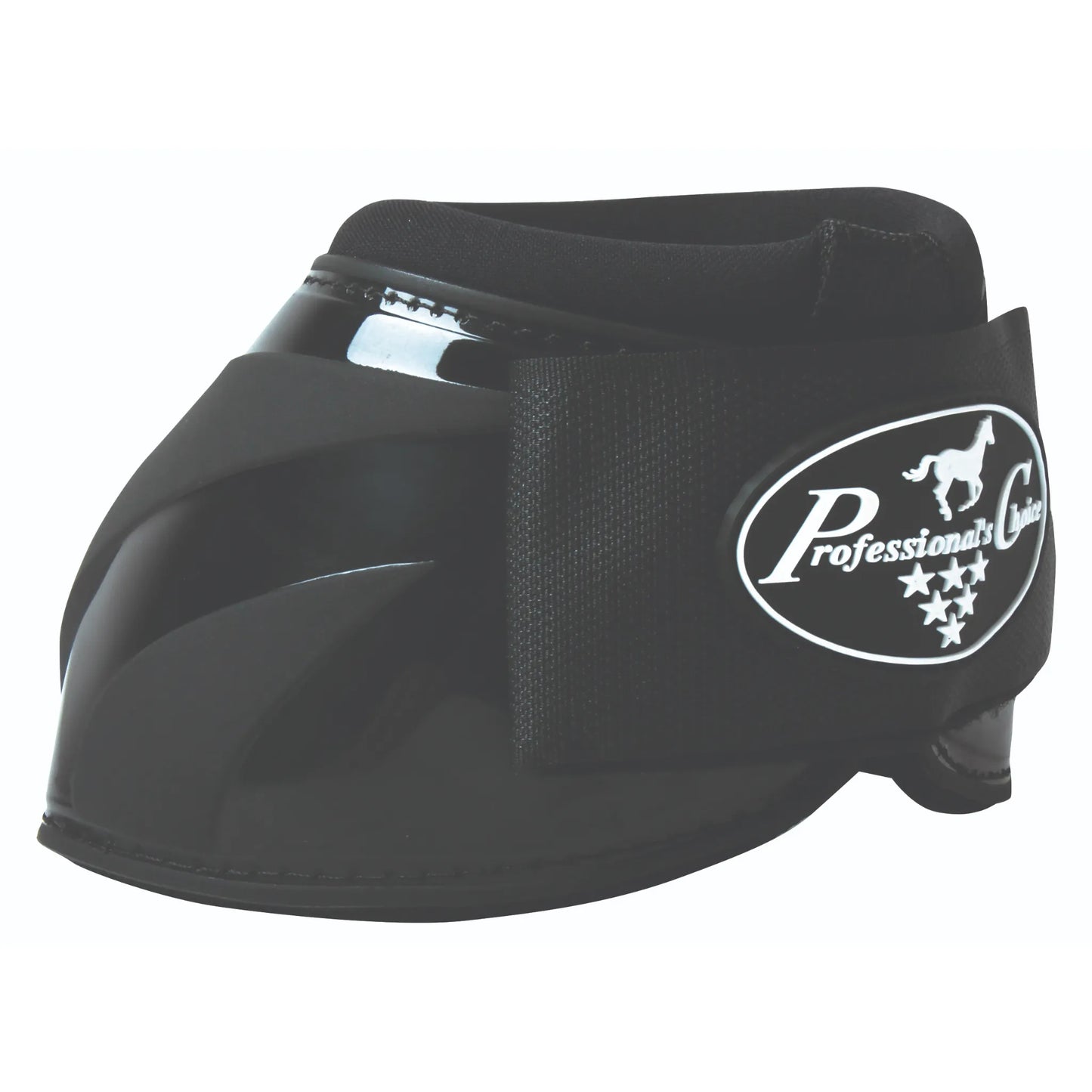 Spartan II Bell Boots by Professional's Choice in sleek black. These durable equestrian boots provide ultimate overreach protection for your horse. Features include a high-gloss finish, a secure wide hook-and-loop closure strap, and a padded collar for maximum comfort and stability. Ideal for training or competition, these horse bell boots ensure superior hoof and heel protection with a professional look.