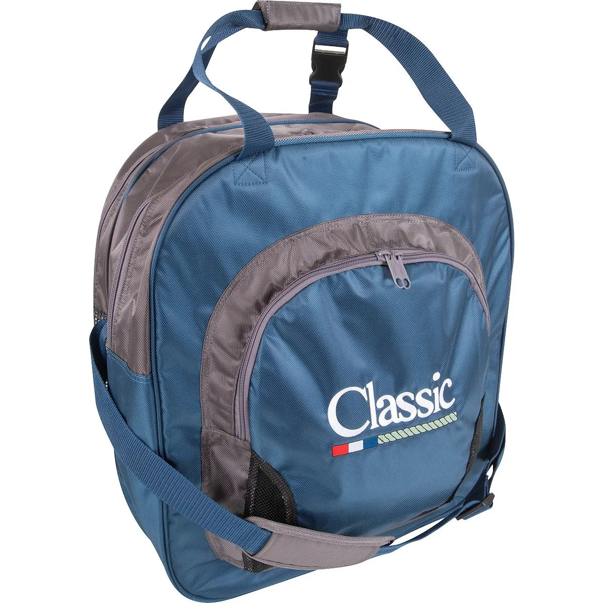 Navy and grey Super Deluxe Rope Bag designed to store up to 9 ropes. This durable rodeo bag features the "Classic" logo, multiple zippered compartments, and mesh side pockets for organized gear storage. It includes a padded adjustable shoulder strap and buckled top handles for comfortable transport. Ideal for competitive ropers and equestrian enthusiasts needing professional, heavy-duty rope organization.