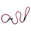 Terrain D.O.G. Rope Slip Lead in a striking pink, black, and white braided pattern. This heavy-duty, mountain-style rope dog leash features an adjustable leather slider for a custom fit, functioning as an all-in-one collar and lead. Crafted with reinforced black leather wraps for extra durability, this Made in USA training lead is perfect for daily walks and outdoor adventures with your dog.