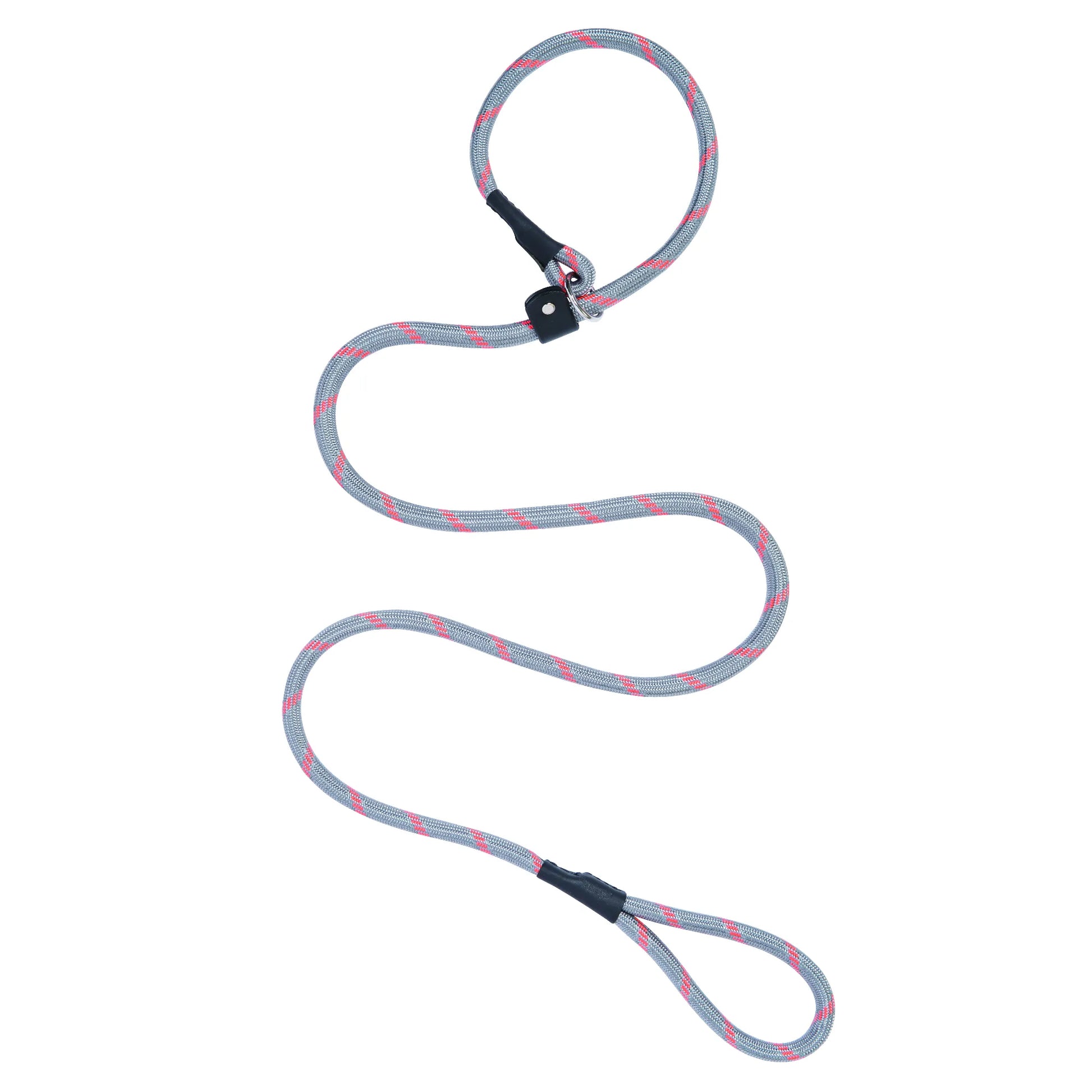 Terrain D.O.G. Rope Slip Lead in grey with vibrant pink accents. This durable climbing-style rope leash features an integrated adjustable collar loop with a black leather slide stopper. Designed for professional training and daily walks, this high-quality, Made in USA slip lead provides an all-in-one collar and leash solution for active dogs. Stylish and functional dog training gear.