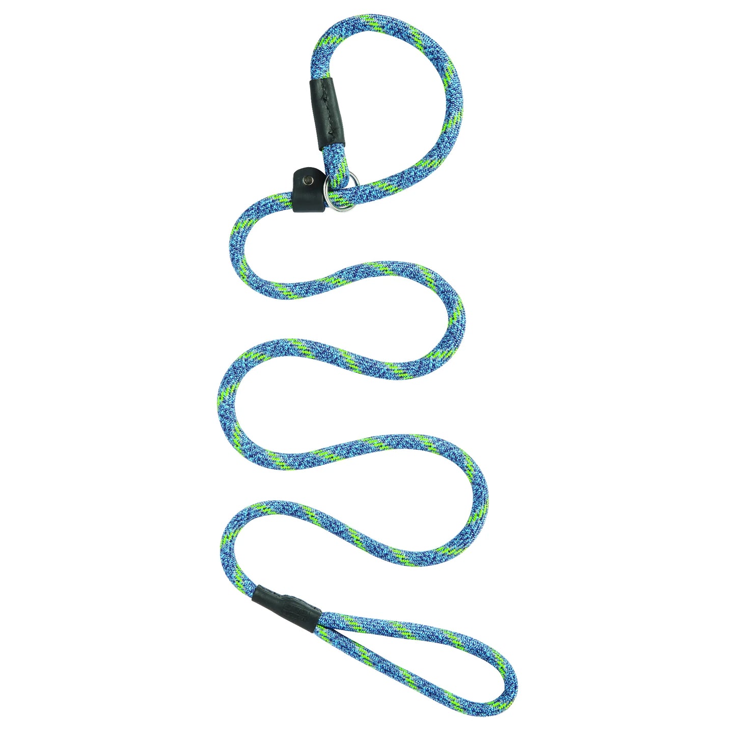 Terrain D.O.G. Rope Slip Lead in a vibrant blue and lime green braided climbing rope pattern. This durable, adjustable training leash features a black leather slide and metal O-ring for a custom fit without a separate collar. Designed for heavy-duty use, it includes a reinforced leather-wrapped hand loop for comfort and control. A high-quality, made in USA slip lead perfect for professional dog training, active outdoor adventures, and secure everyday walks.