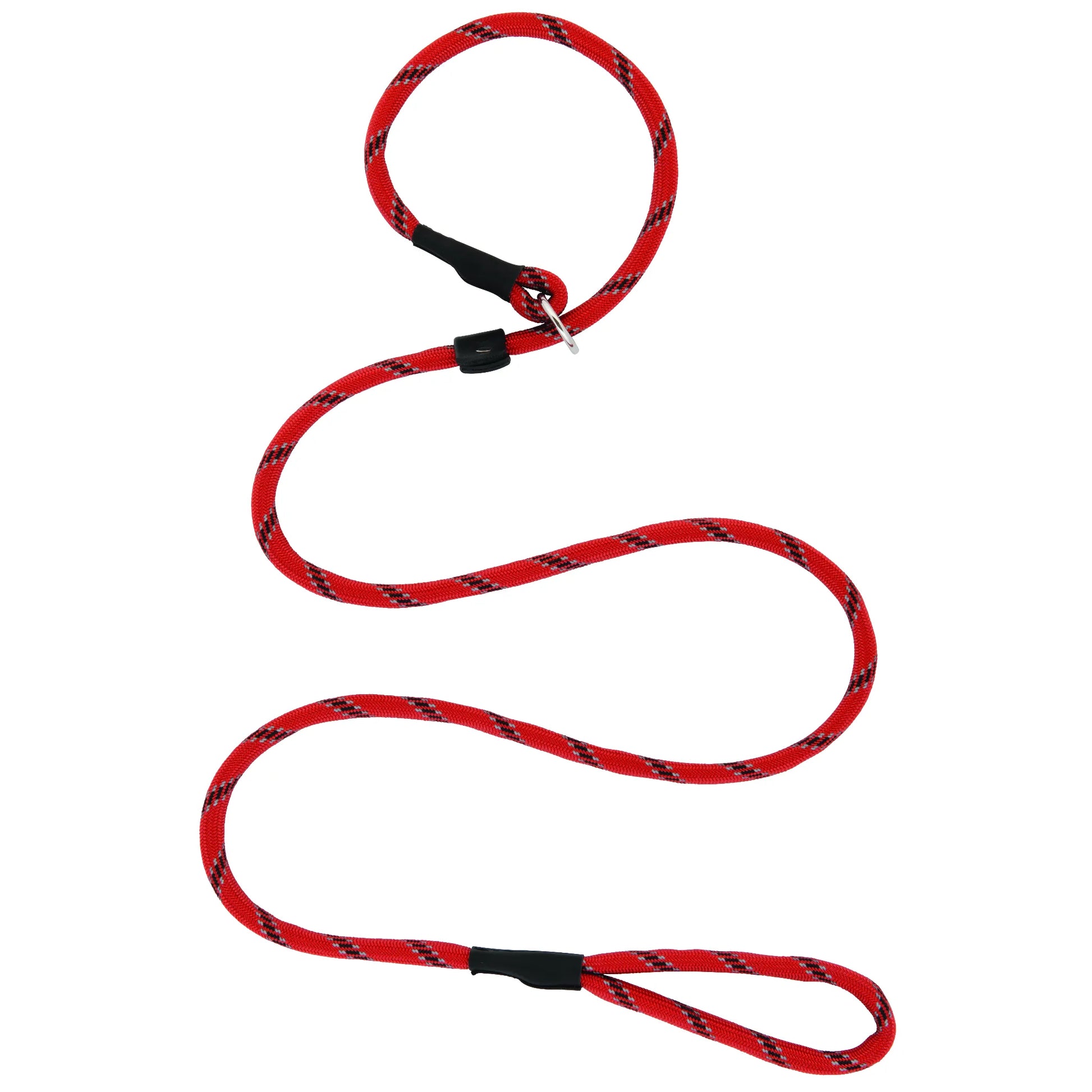Terrain D.O.G. Red Rope Slip Lead for dogs, featuring a durable braided design with black and white accents. This adjustable training leash includes a heavy-duty metal ring and sliding stopper for a secure, customized fit. Proudly made in the USA, this high-quality slip lead is perfect for walking, hiking, and professional dog training. A stylish and functional all-in-one collar and lead solution for active pets and pet owners.