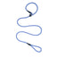 Terrain D.O.G. Rope Slip Lead in a vibrant blue and green patterned mountain climbing rope. This durable, heavy-duty dog leash features an adjustable leather slide and integrated collar for easy training and secure walking. Proudly Made in the USA, it combines professional strength with a comfortable loop handle. Ideal for active dogs and owners who value high-quality, stylish pet gear for hiking and daily exercise.