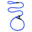 Terrain D.O.G. blue rope slip lead for dogs, featuring a durable braided design with red and light blue accents. This adjustable training leash includes a sturdy metal ring and black protective covers at the joints. Made in the USA, this heavy-duty rope lead provides a comfortable grip and an easy-on, easy-off slip design, perfect for professional dog training, everyday walking, and outdoor adventures with your canine companion.