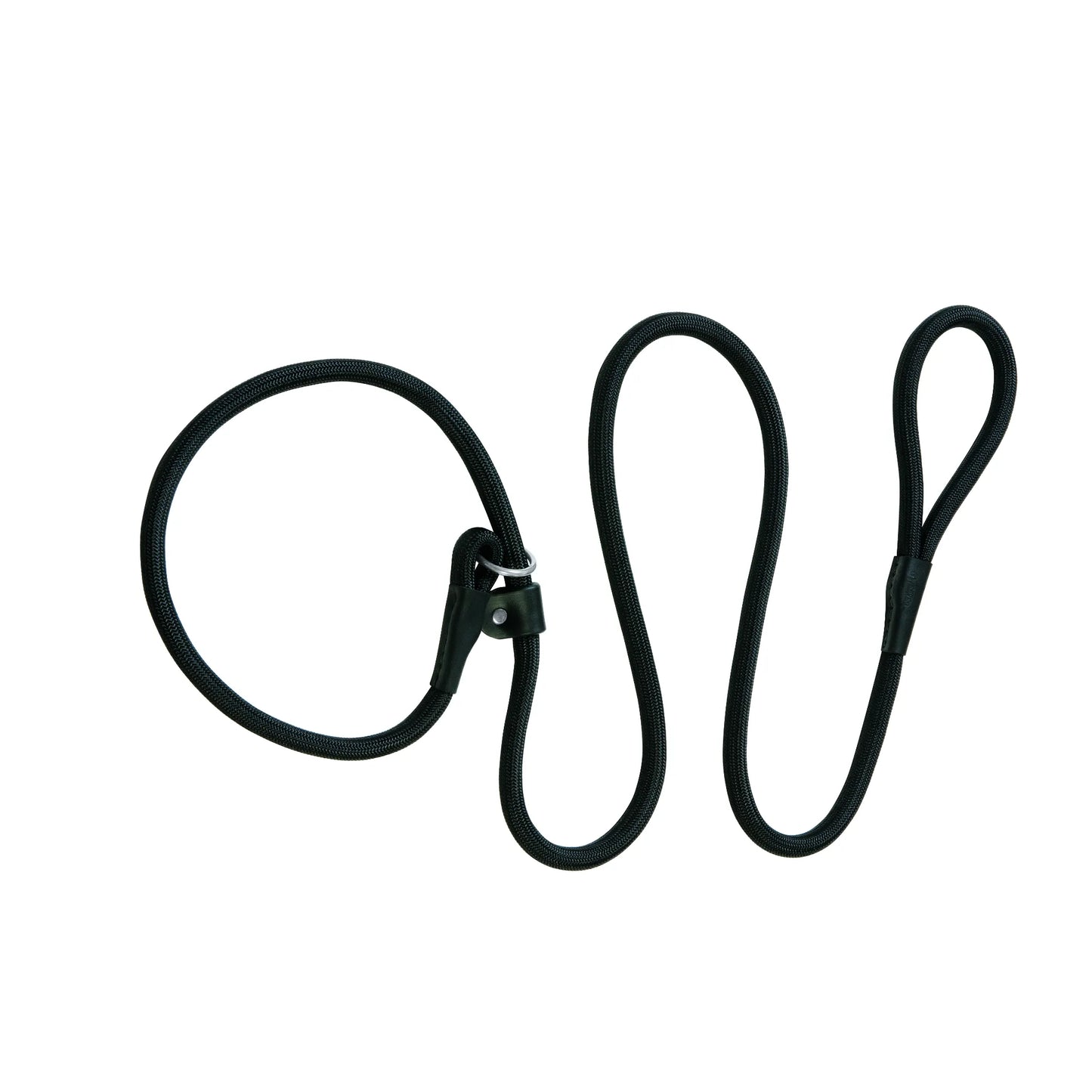 Terrain D.O.G. black rope slip lead for dogs, featuring a durable mountain rope construction and an adjustable slip collar design for training and daily walks. This high-quality leash includes a comfortable handle, heavy-duty leather reinforcements, and a smooth-sliding O-ring. Made in the USA, this versatile and stylish pet lead is perfect for active dog owners looking for a reliable, all-in-one collar and leash solution.