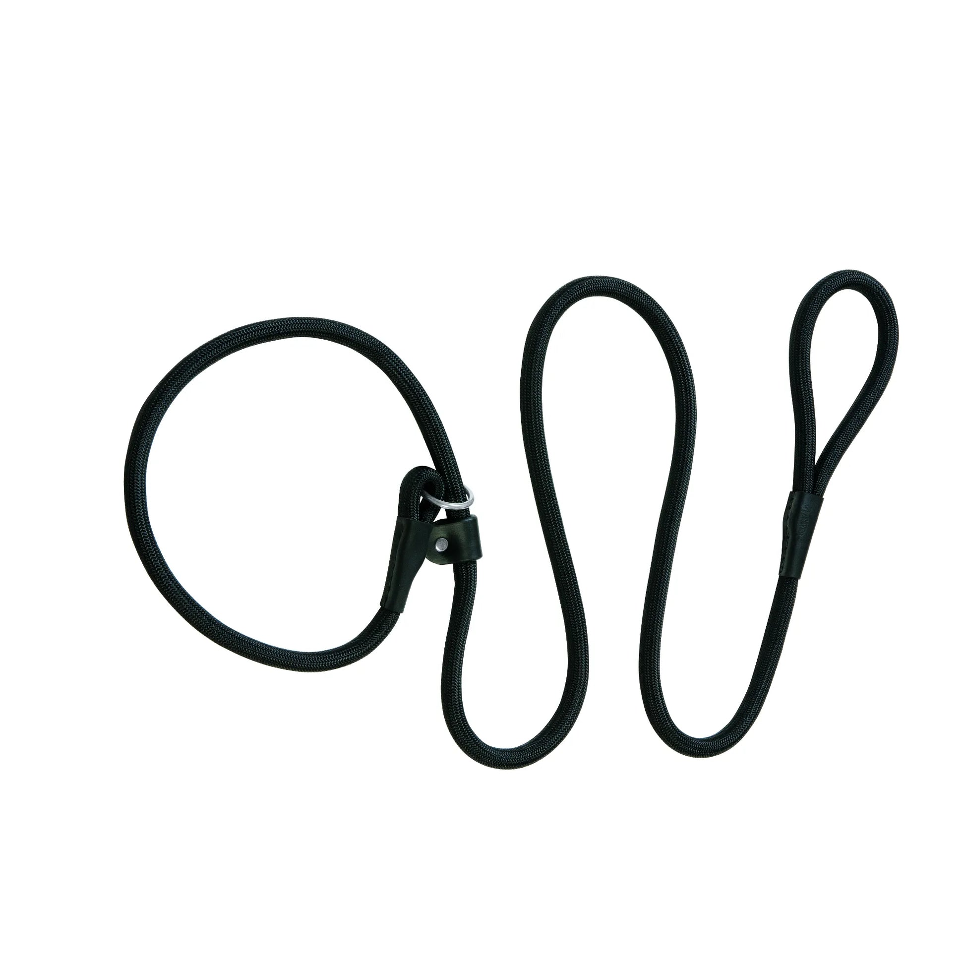 Terrain D.O.G. black rope slip lead for dogs, featuring a durable mountain rope construction and an adjustable slip collar design for training and daily walks. This high-quality leash includes a comfortable handle, heavy-duty leather reinforcements, and a smooth-sliding O-ring. Made in the USA, this versatile and stylish pet lead is perfect for active dog owners looking for a reliable, all-in-one collar and leash solution.