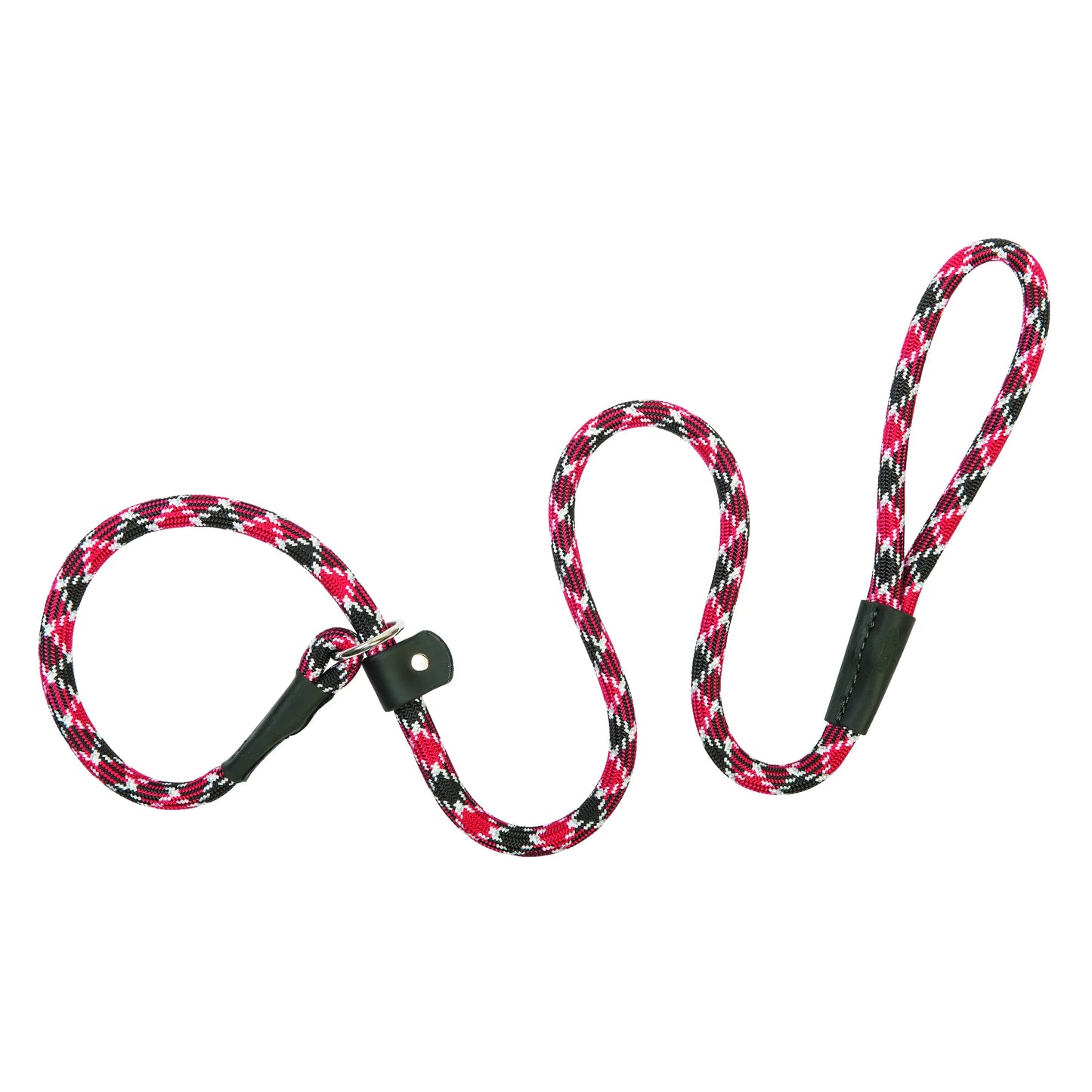 Terrain D.O.G. Rope Slip Lead in a vibrant pink, black, and white woven pattern. This durable, adjustable 2-in-1 dog leash and collar combo features a slip-on design with genuine leather reinforcements and a metal O-ring for easy adjustment. Perfect for dog training and everyday walks, this high-quality mountain climbing rope lead provides superior control and style. Made in the USA.