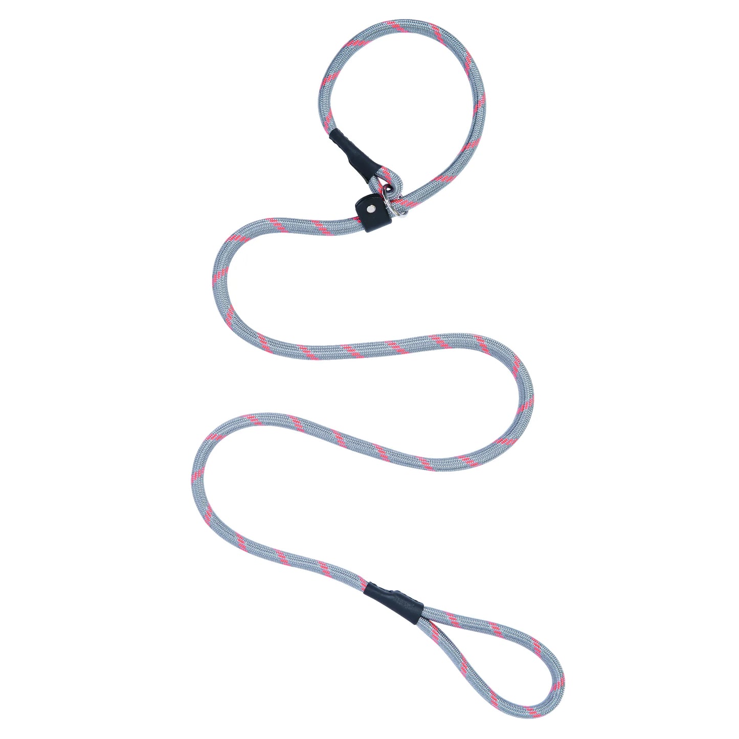 Terrain D.O.G. Rope Slip Lead in a stylish grey and red braided pattern. This durable mountain-style rope dog leash includes an adjustable leather slider for a custom fit and an integrated collar loop for easy on-and-off. Perfect for dog training and everyday walks, this high-quality, American-made leash offers a secure grip and long-lasting performance for pet owners seeking reliability and style.