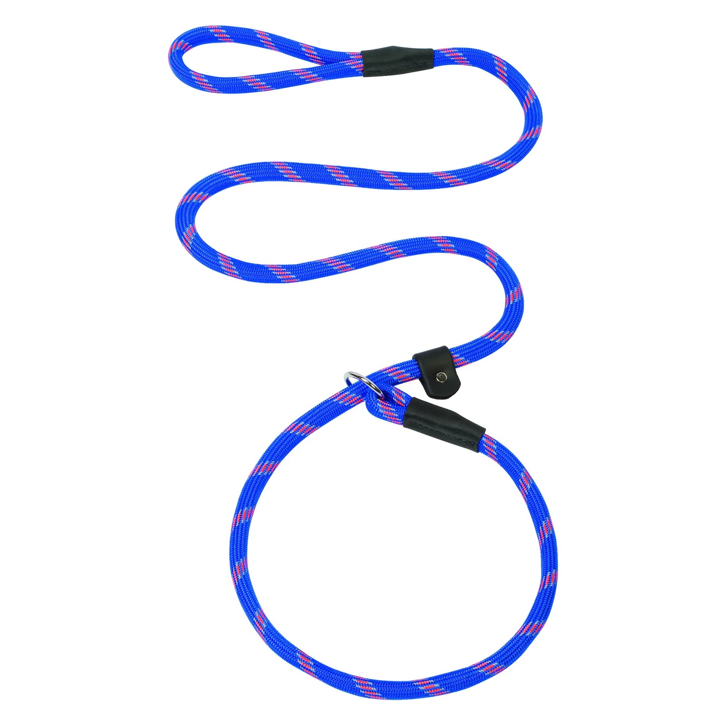 Terrain D.O.G. Rope Slip Lead featuring a durable, climbing-style mountain rope in royal blue with orange and pink accents. This adjustable training leash includes a leather slide stopper and heavy-duty black connectors for a secure, collar-free fit. Perfect for professional dog training or outdoor adventures, this high-quality, Made in the USA slip lead offers strength and control for dogs of all sizes.