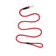 Durable Terrain D.O.G. red rope dog lead featuring black and grey tracers in a stylish climbing-rope design. This high-quality leash includes a heavy-duty silver swivel bolt snap and a comfortable handle loop with protective black sleeves. Perfect for active dogs and outdoor enthusiasts, this Made in USA rope leash offers strength and style for every walk or hike. An essential, long-lasting accessory for pet owners who value quality and durability.